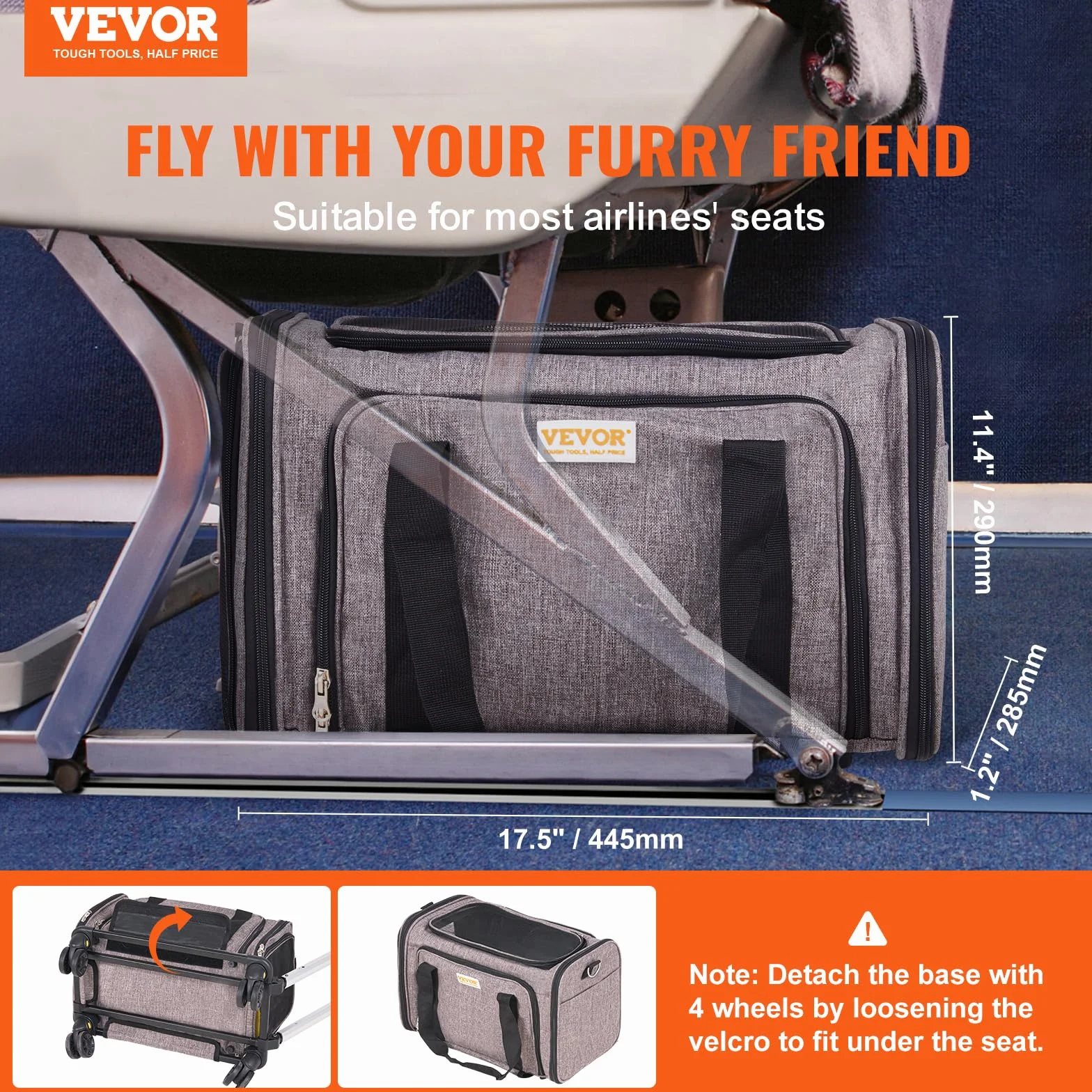 VEVOR Trasportino per Cani e Gatti Approvato dalla Compagnia Aerea, Carico Massimo 11,3 kg Borsa per Animali Domestici con Maniglia Telescopica con Ruote, Tessuto Oxford 600D, Cerniera Autobloccante
