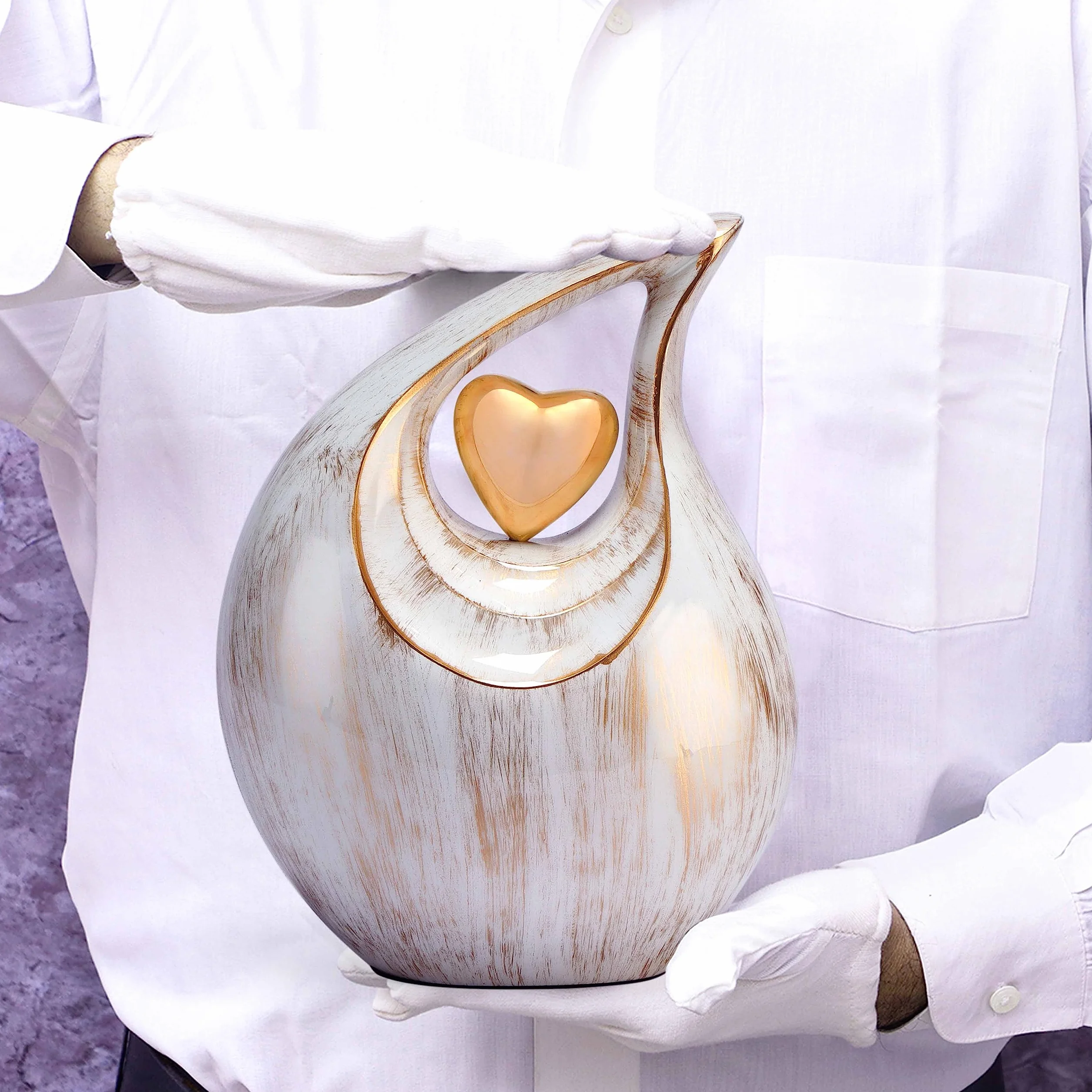 Grande urna a goccia bianca dorata con cuore dorato per ceneri umane maschili - Urna per uomini e donne adulti - Urna a forma di cuore, 2,5 litri, lacrima dorata bianca