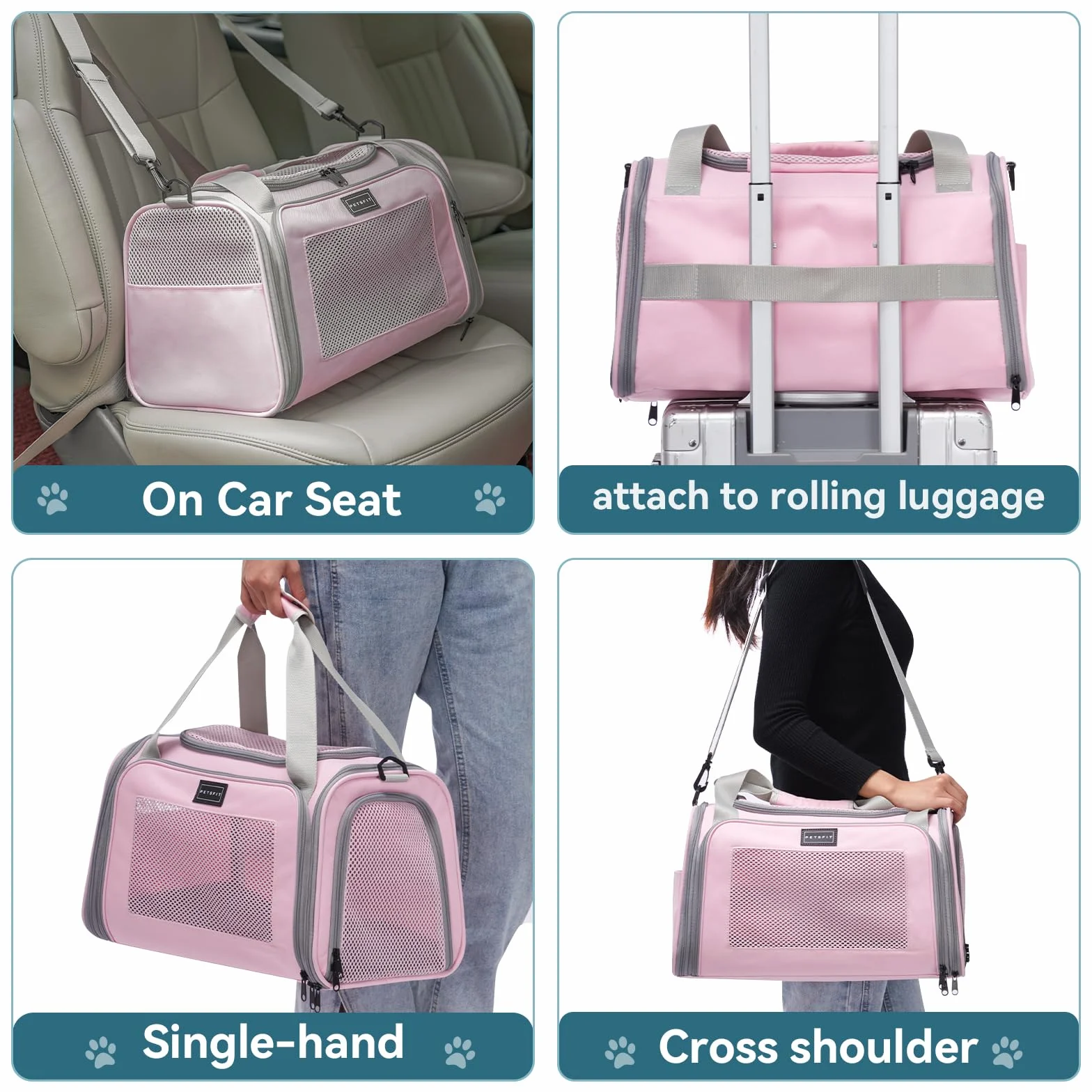 PETSFIT Borsa per gatti con tappetino estensibile, approvato dalle compagnie aeree, trasportino per gatti e cuccioli fino a 5,4 kg (44 x 26,5 x 27 cm, rosa)