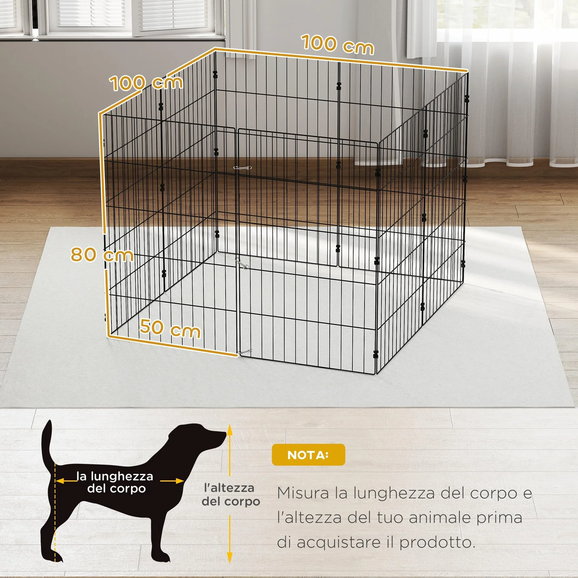 PawHut Recinto per Cani Pieghevole in Metallo, Recinto Espandibile per Animali con Picchetti per Interni ed Esterni, 50 x 80 cm, 8 Pannelli, Nero