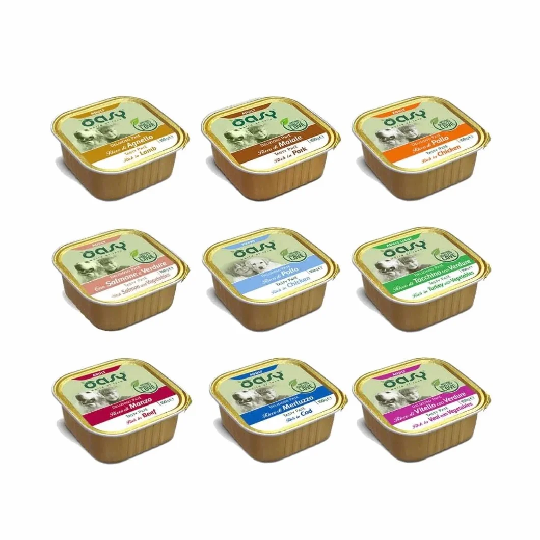 Oasy Umido Cane Patè Vaschetta gusti Assortiti, alimento completo in patè per cani adulti di tutte le taglie e razze | 6 scatolette da 150 grammi l’una, 6x150gr.