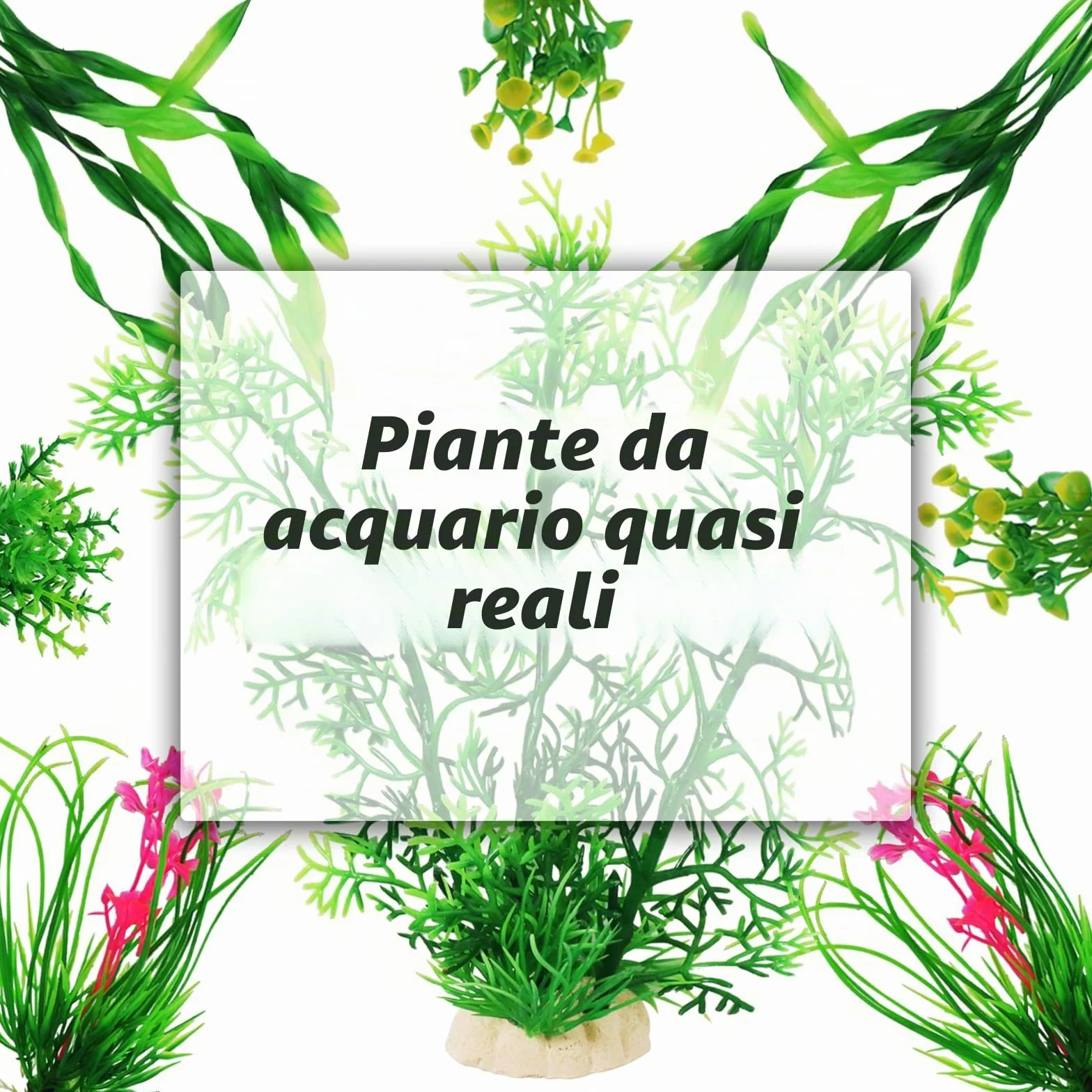 QUOZUO 9 Pezzi Decorazione Piante per Acquario, Piante in Plastica Verde con Resina, Grotta di Pesce e Accessori per Serbatoio