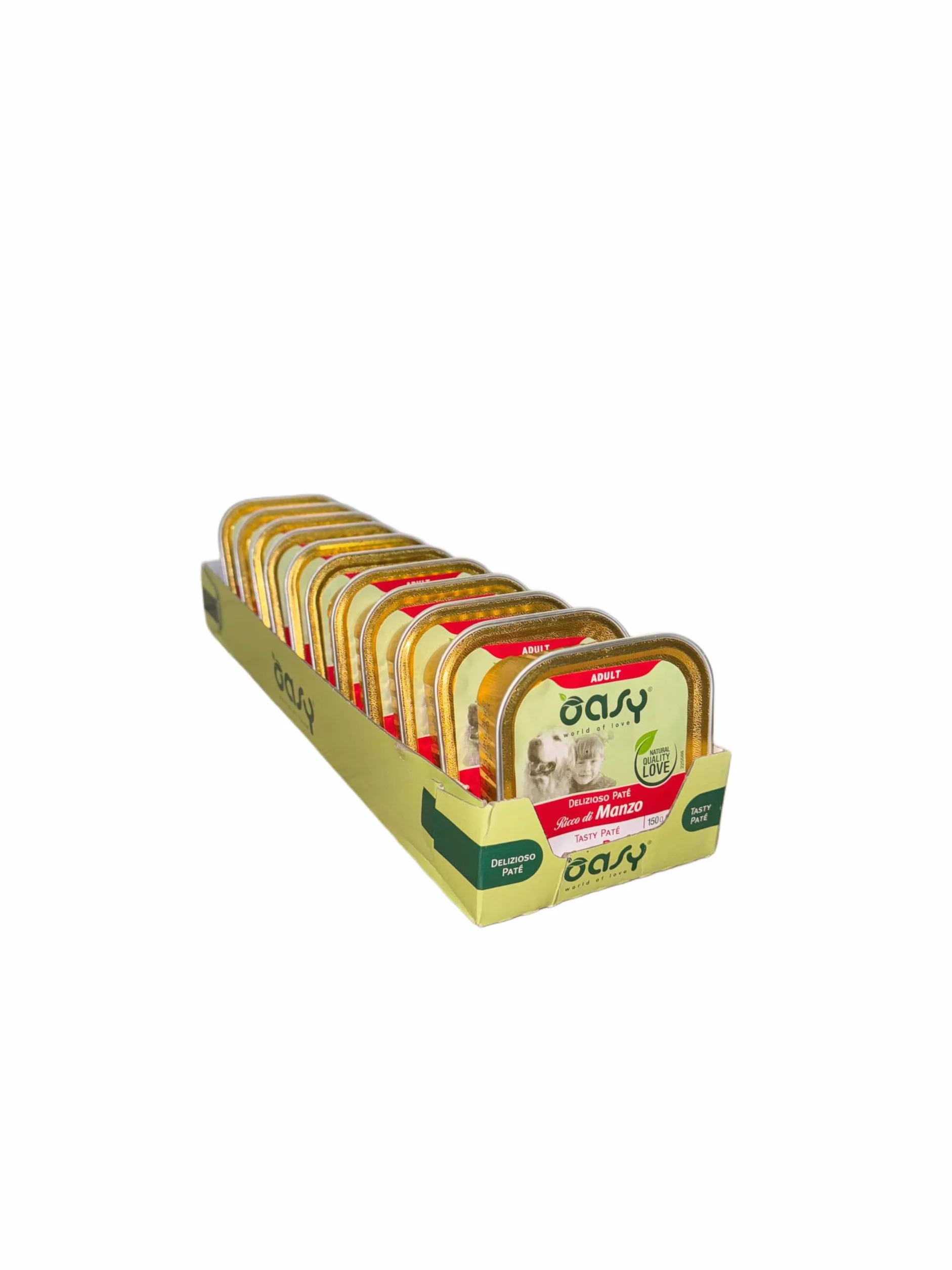 Oasy delizioso patè per cani adulti di tutte le taglie, gusto MANZO | 11 vaschette da 150 grammi l'una.