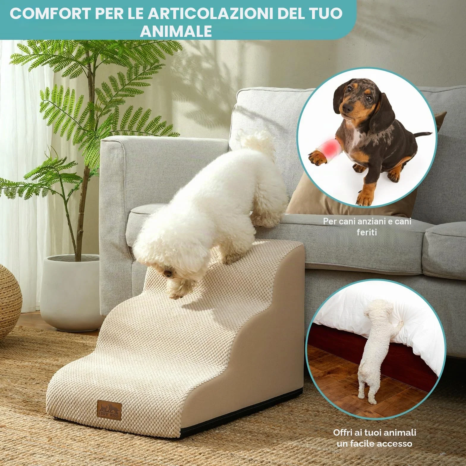 Scale per Cani di Piccola Taglia con Rampa per Gatti, 40x57x40cm, 3 Gradini, Beige