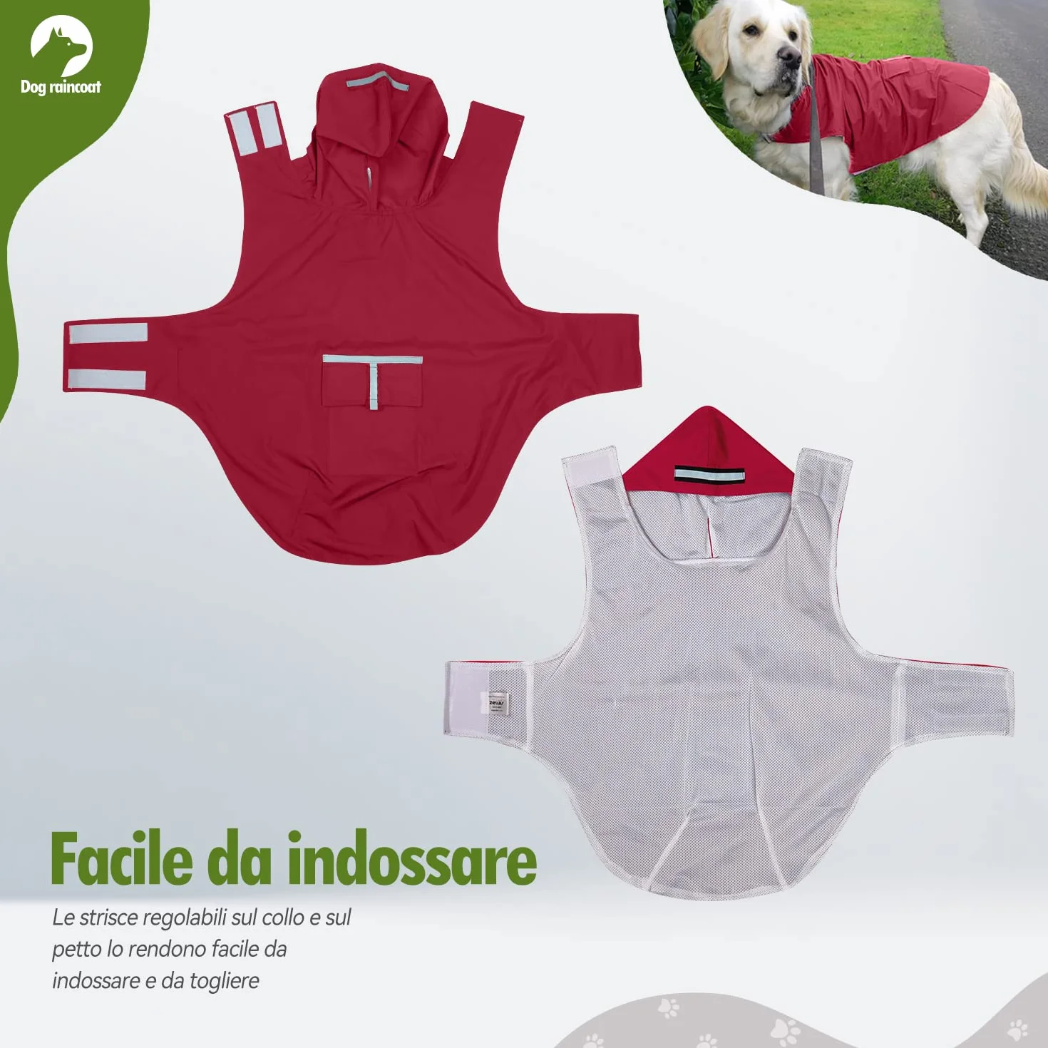 Zellar Impermeabile per Cani con Cappuccio e Strisce Riflettenti, Taglia Media Large Rosso