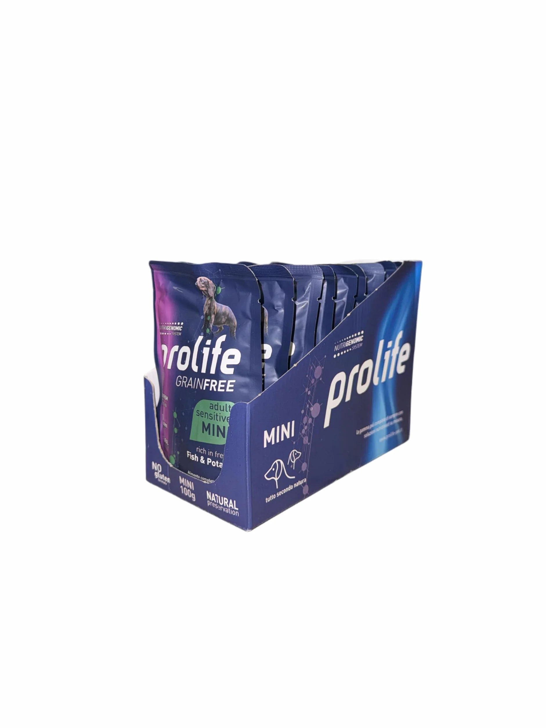 Prolife umido per cani monoproteico sensitive grainfree adult mini PESCE e PATATE 100g |12 bustine da 100g l'una.