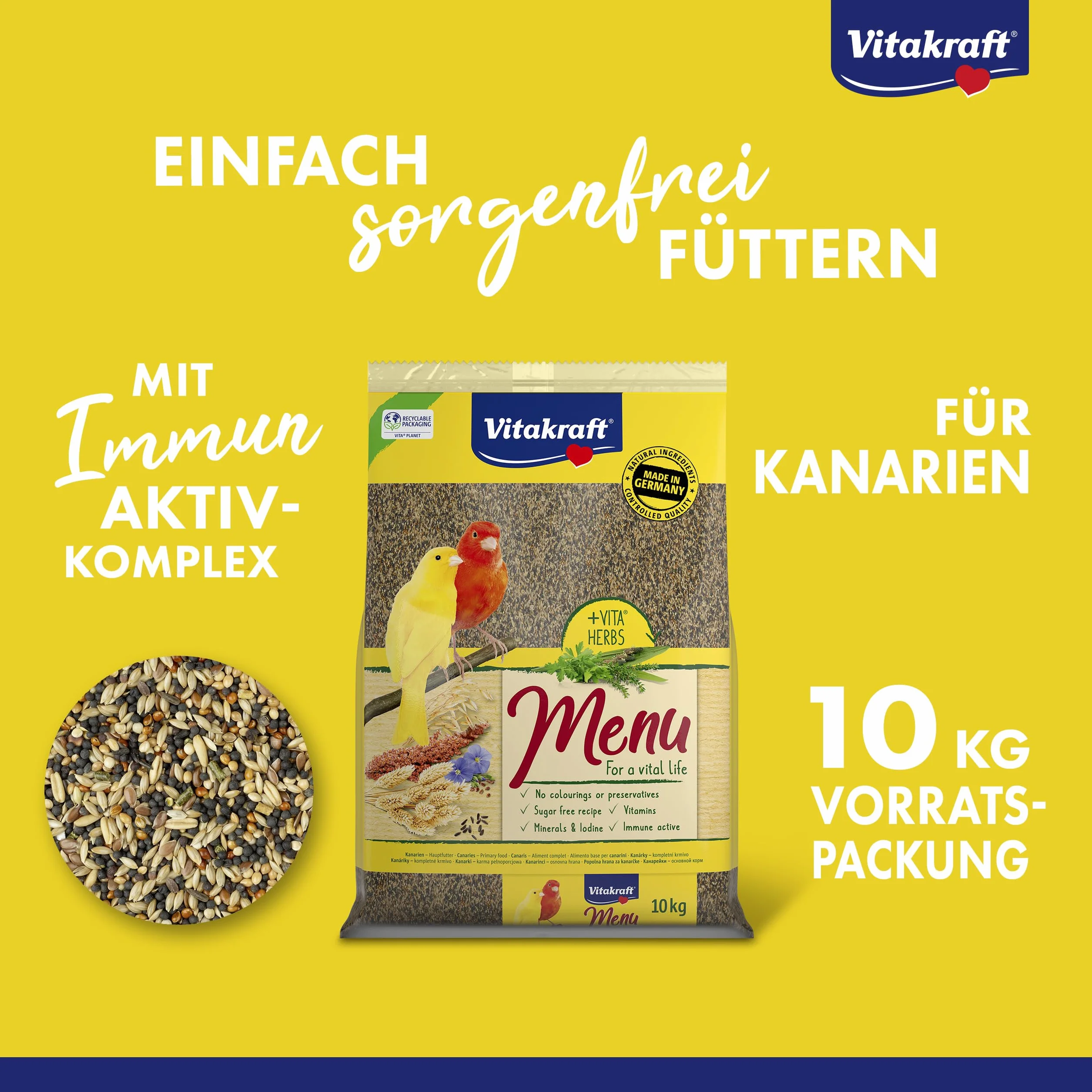 Vitakraft Menu 10 kg, mangime principale per canarini, con vitamine, complesso attivo immunitario ed erbe aromatiche (1 x 10 kg)