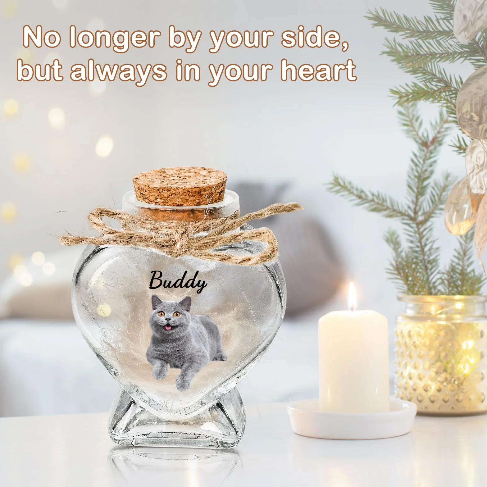 Barattolo di Vetro a Forma di Cuore Personalizzato per Animali Domestici, con Foto e Nome Personalizzabili. può Contenere Ceneri o Pelo. Regalo commemorativo per Animali Domestici (Heart)
