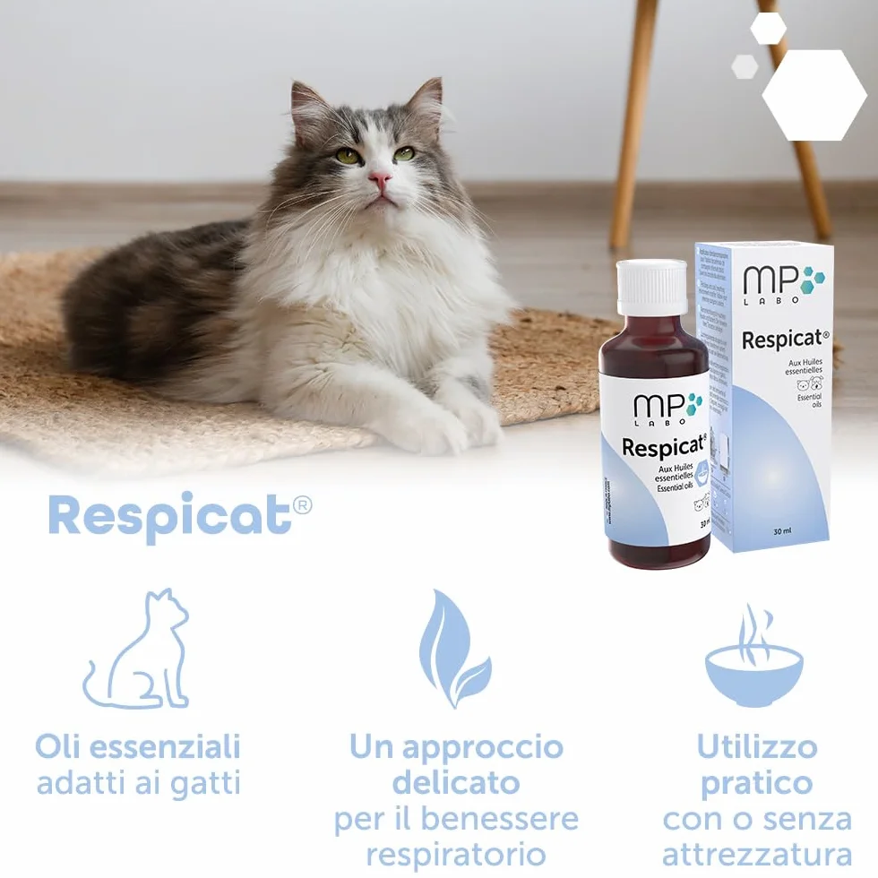 MP Labo Respicat® 30 ml - con Oli Essenziali - Modificatore dell'ambiente respiratorio nell'habitat degli Animali Domestici - Cani e Gatti