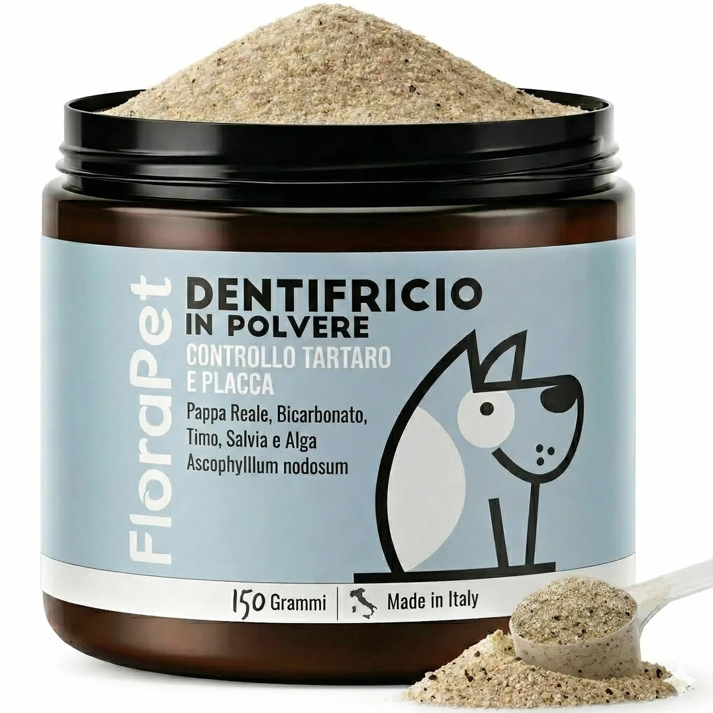 Pulizia Denti Cane in Polvere, Rimuovi Tartaro Denti, con Ascophyllum Nodosum e Pappa Reale, per Alito Cattivo e Igiene Orale, 150gr per Supporto alle Gengive e Alito Fresco