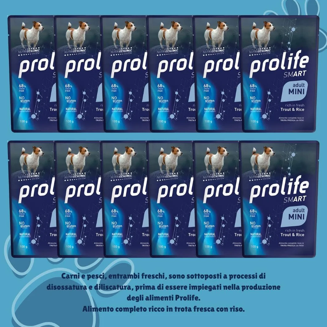 Prolife Umido Cane Adult Trota e Riso, alimento completo per cani adulti di tutte le taglie, Prolife Smart, gusto Trota e Riso | 12 bustine da 100 grammi l’una.