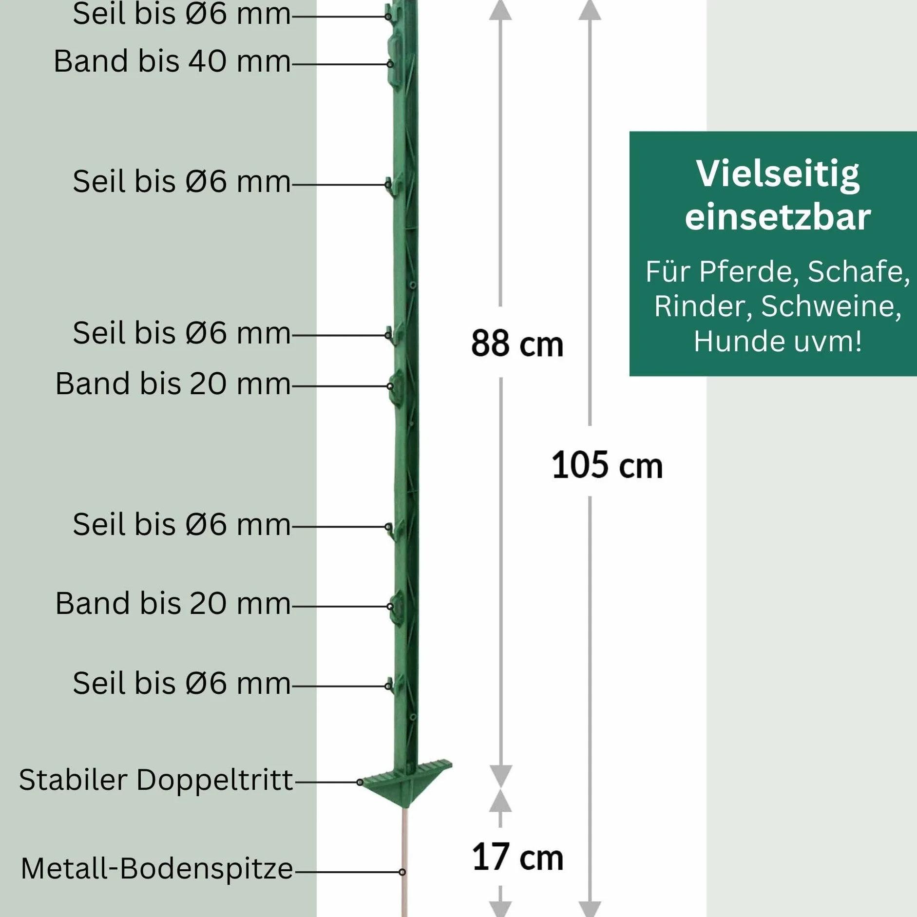 Agrarzone 40x Paletto per recinti in plastica 105cm, doppio predellino, verde - In plastica rinforzata, con 8 occhielli per filo, nastro e corda - Ideali per cavalli, bovini e pollame
