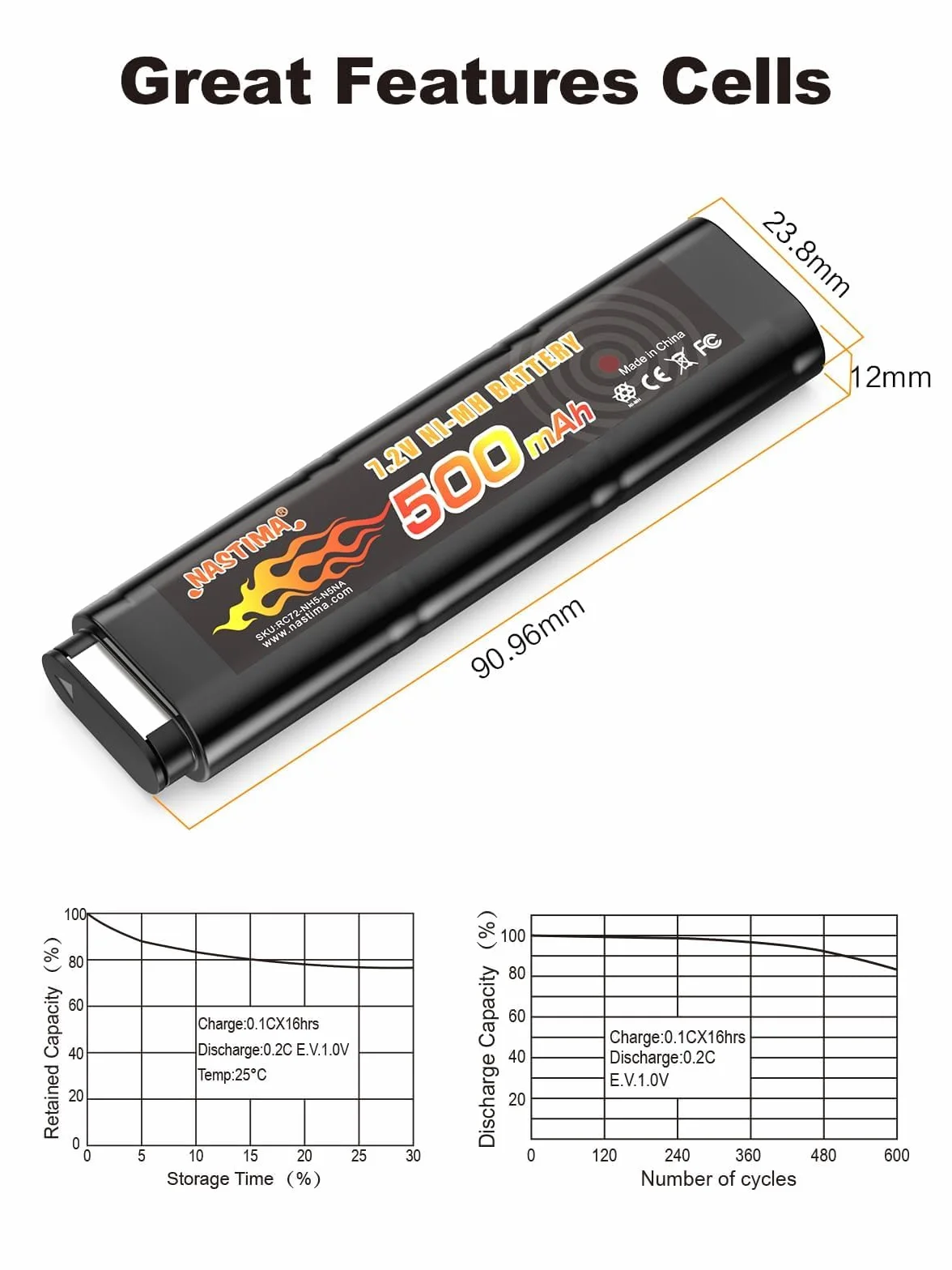 NASTIMA 2/3N 7,2V 500mAh Ni-MH Batteria per Pistole Softair AEP AEG