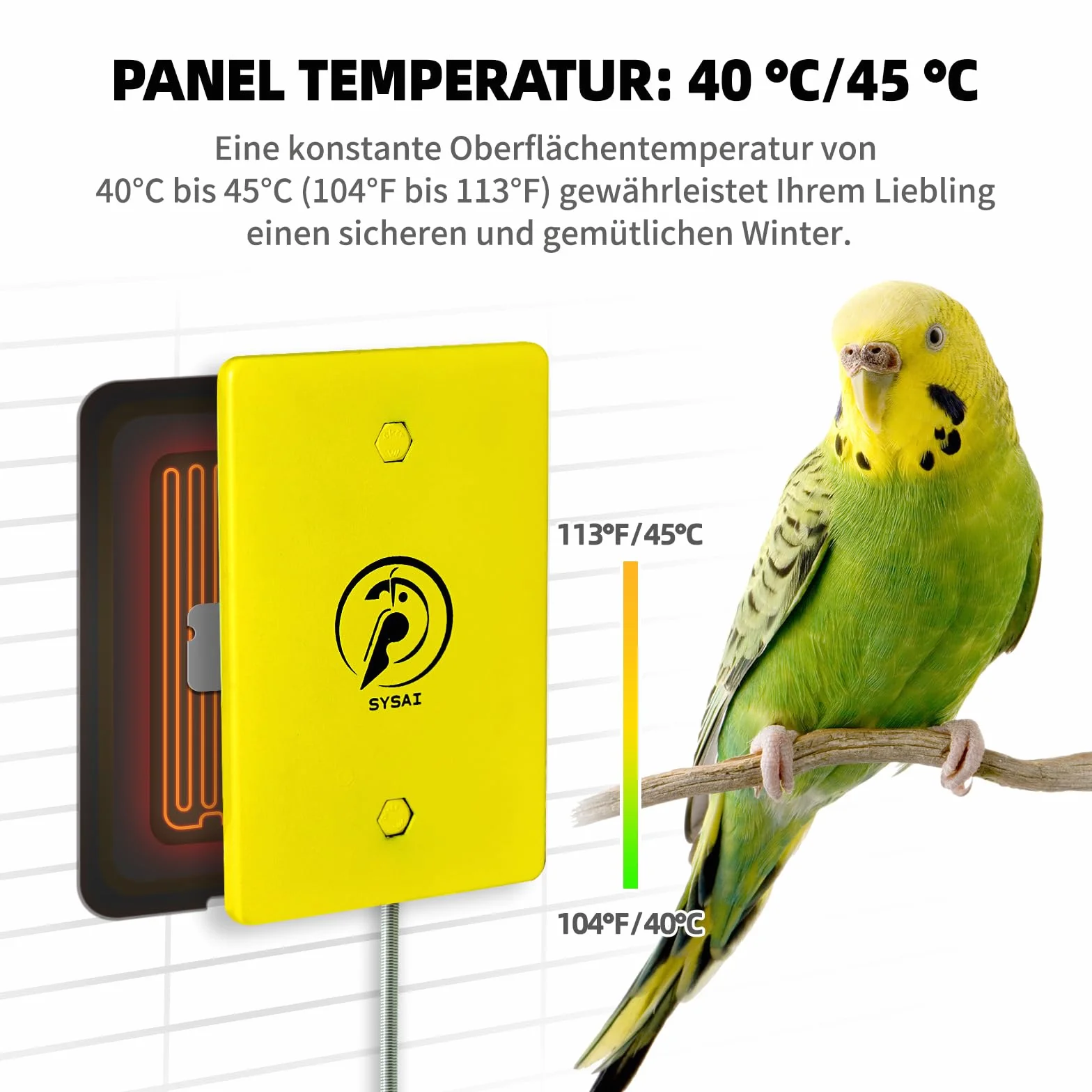 SYSAI Riscaldatore per uccelli & Snuggle-Up per gabbia, 10 x 15 cm – regolabile 40 °C/45 °C per pappagallini ondulati, parrocchetti, conures e piccoli uccelli