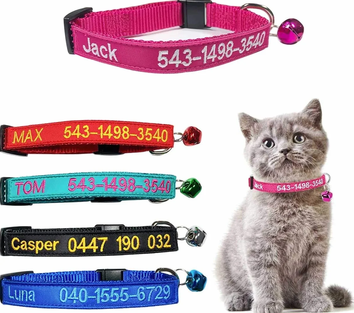 Collare personalizzato per gatti Breakaway personalizzato con campana, fibbia a scatto di sicurezza, nome identificativo ricamato sul colletto per gattini 26,5-29,5cm Adjustable multicolore
