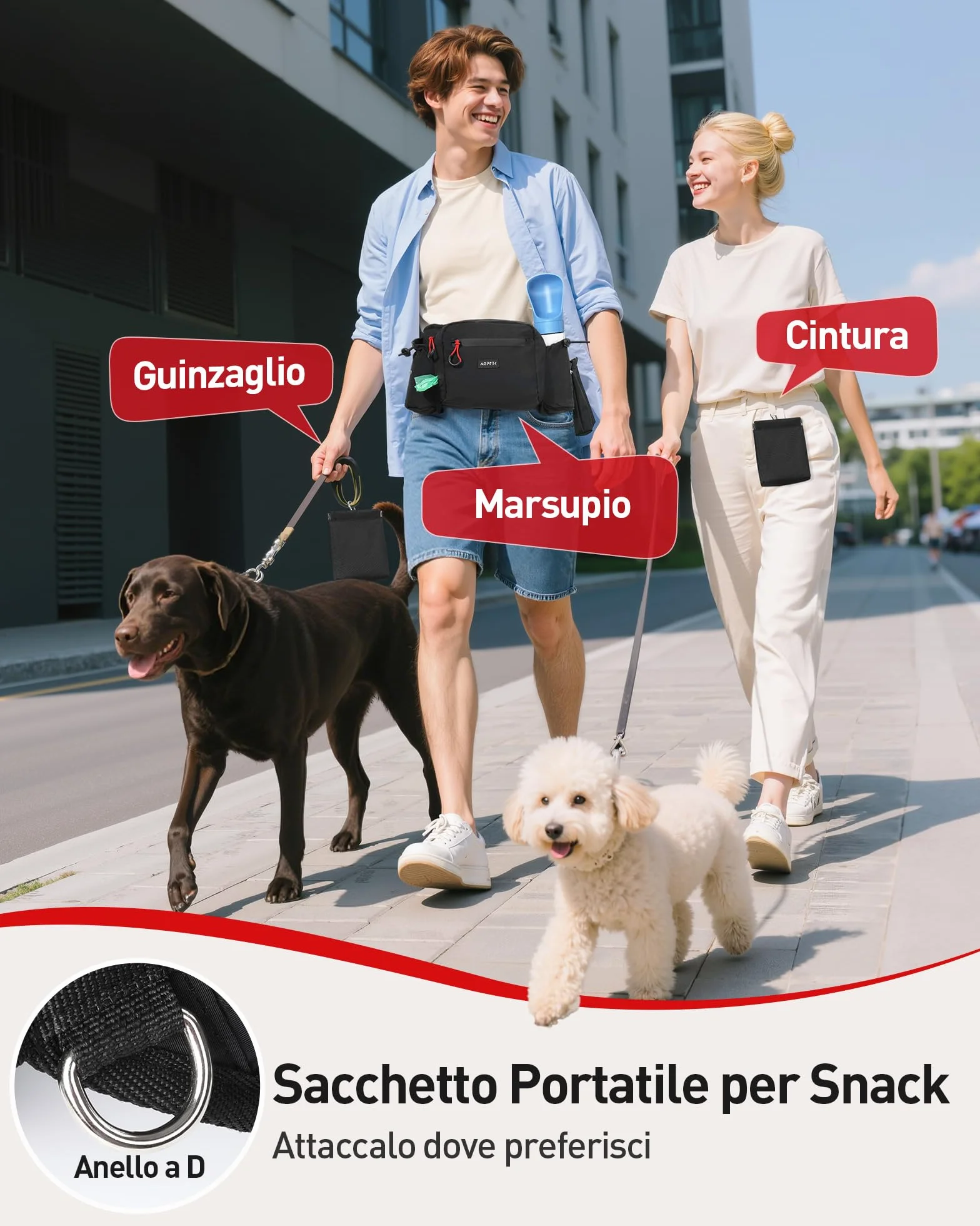 AGPTEK Marsupio per Cani con Borsa Snack Rimovibile, Impermeabile, Alta capacità, Portaborraccia, Dispenser Sacchetti Igienici, per Addestramento e Passeggiate, Nero