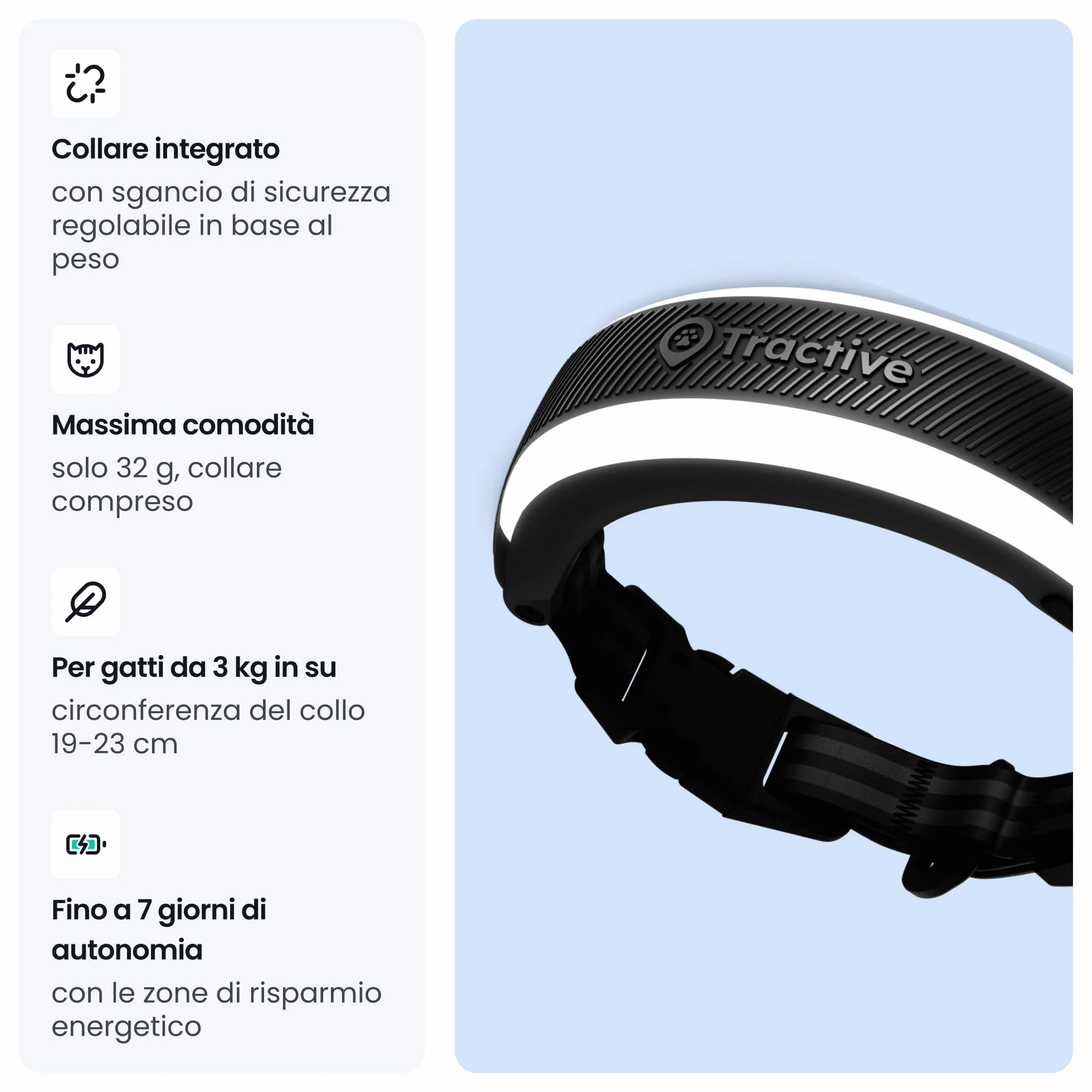 Tractive GPS Gatti Mini | Edizione 2026 | Miglior GPS Gatto | Localizzazione in Tempo Reale | Avvisi di Salute e Monitoraggio dei Parametri Vitali | Sgancio di Sicurezza | Collare Integrato (Nero)