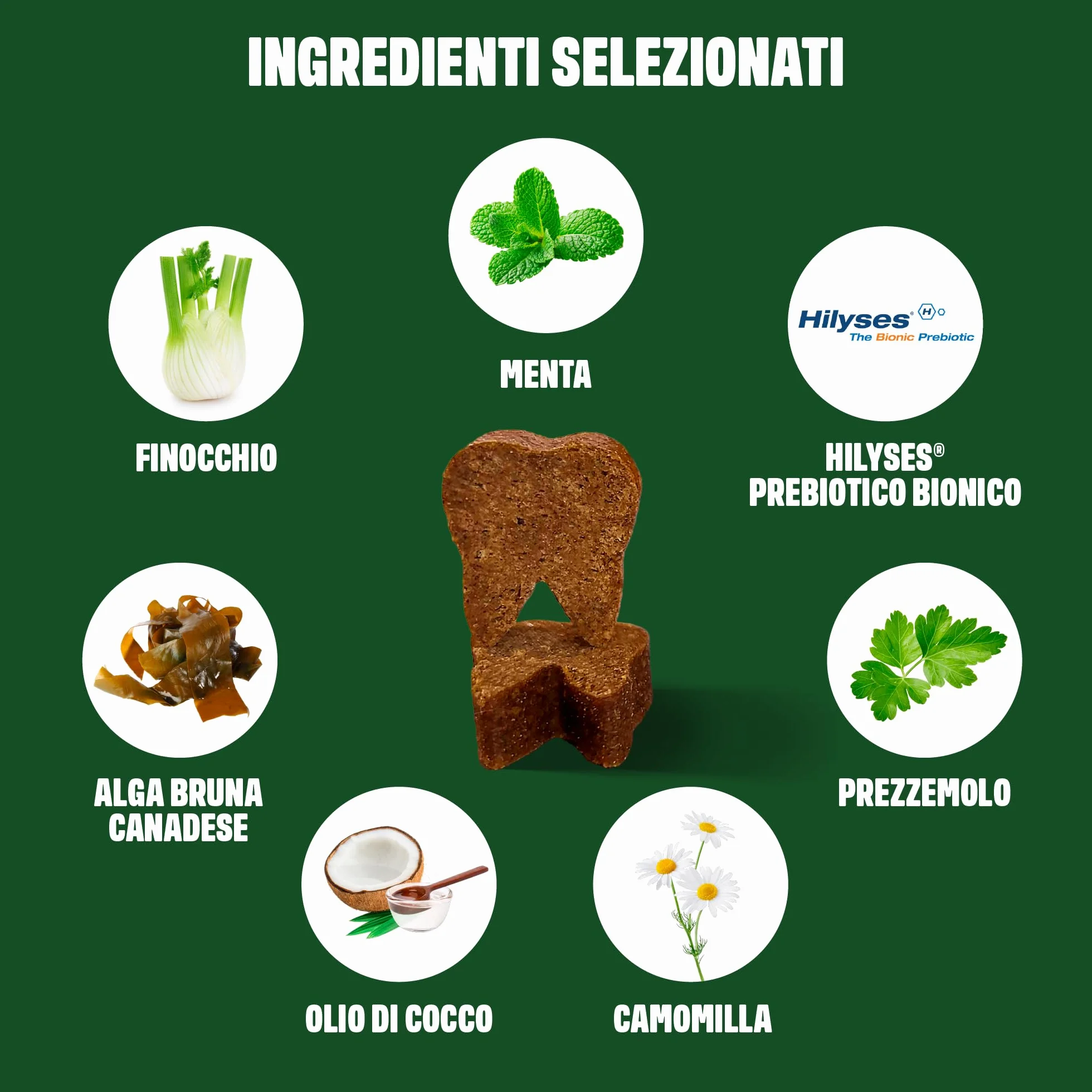 ivvi dental - snack per l'igiene dentale dei cani. Menta, prezzemolo, finocchio, camomilla, olio di cocco, alghe brune. 60 snack con pollo. Favorisce denti sani, alito fresco e gengive sane