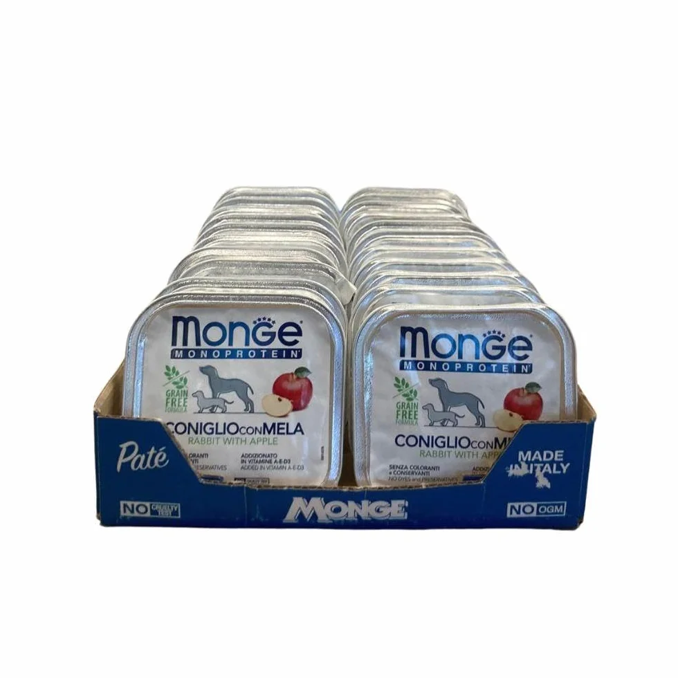 Monge Monoprotein umido cane gusto CONIGLIO CON MELA formula grainfree | 12 vaschette da 150 grammi l'una.