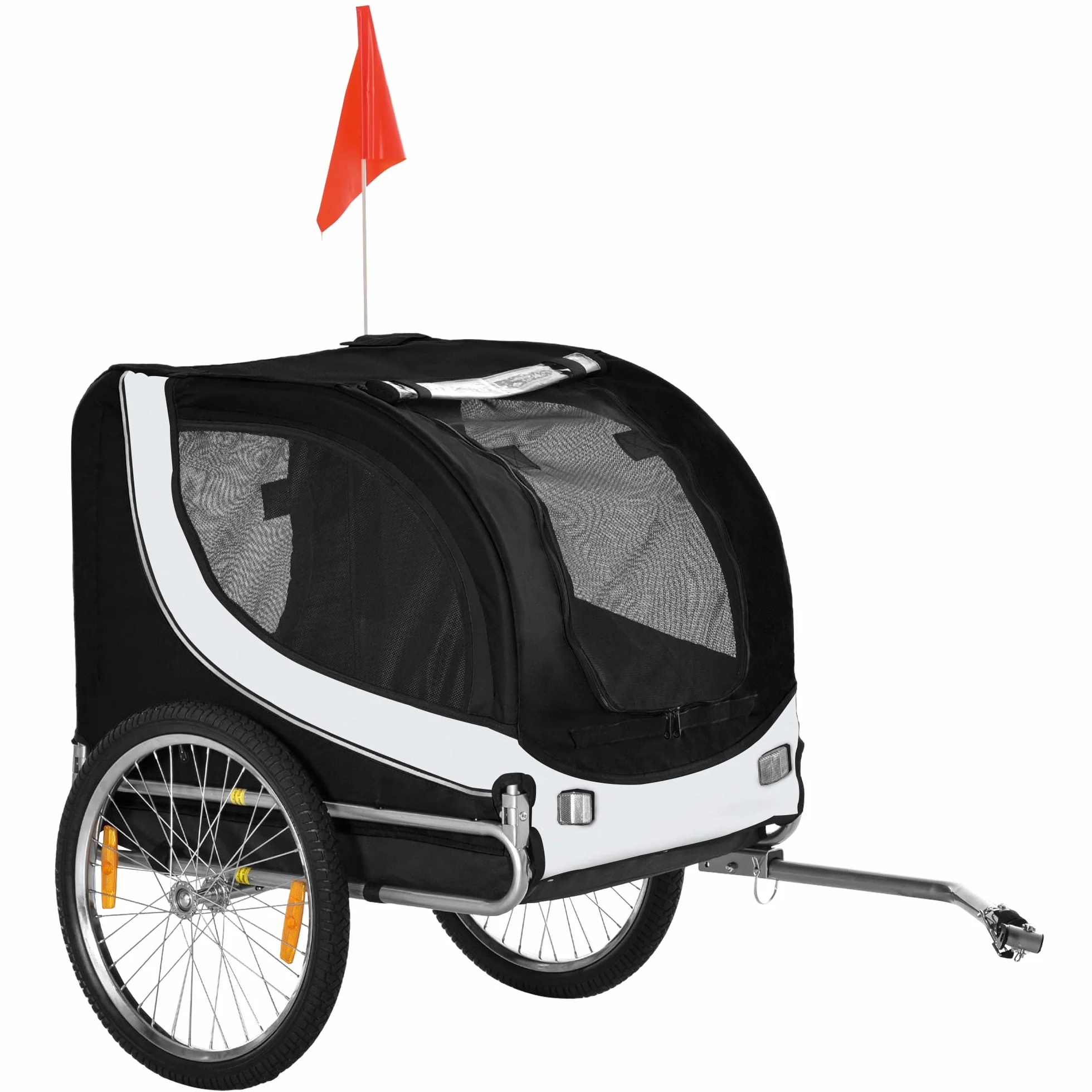 PawHut Rimorchio Bici per Cani Taglia Media con Finestre Laterali e Bandierina, Rimorchio per Bici in Acciaio e Tessuto Oxford, 130x73x90 cm
