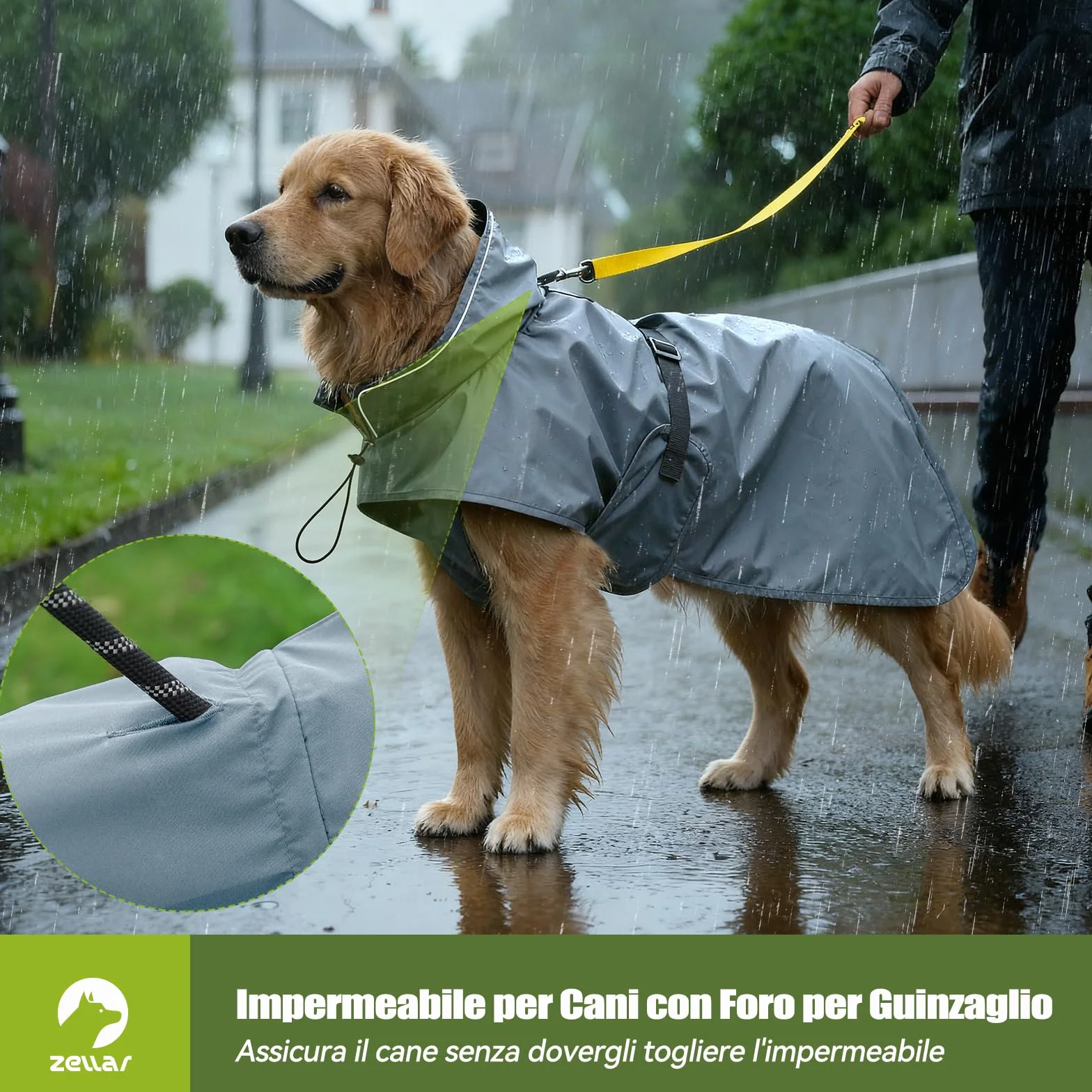 Zellar Impermeabile per Cani Regolabile, Leggero con Buco per Collare e Strisce Riflettenti, Vestibilità Facile, Traspirante Cappotto Pioggia Cane Taglie Media e Grandea (XL, Grigio)