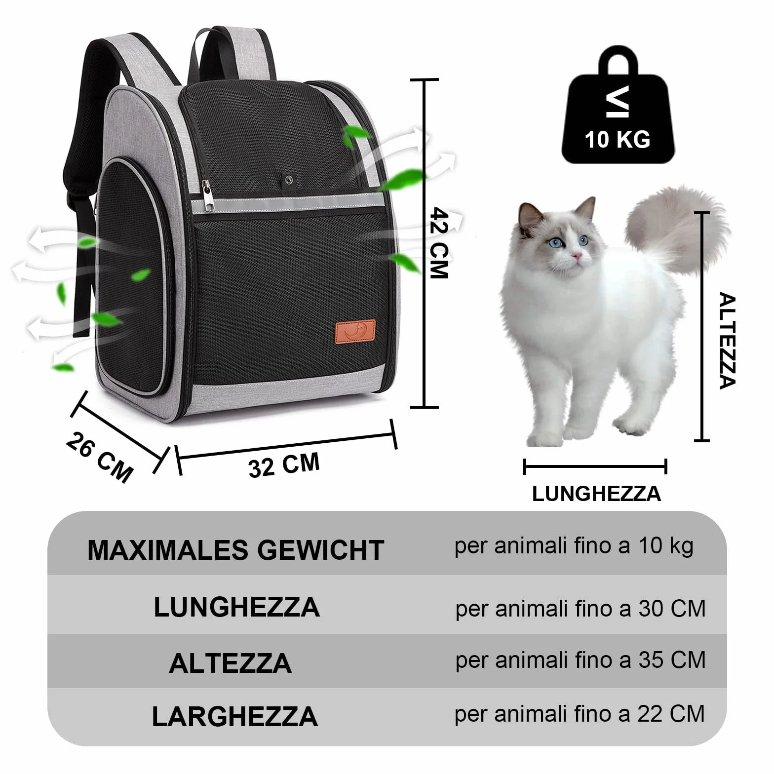Zaino Trasportino per Gatto Cani: Piccoli Animali Domestico Cane e Grande Gatti 10 KG Borsa Portatile Traspirante Pieghevole con Cinturino di Sicurezza Interno per Viaggo Campeggio - Grigio