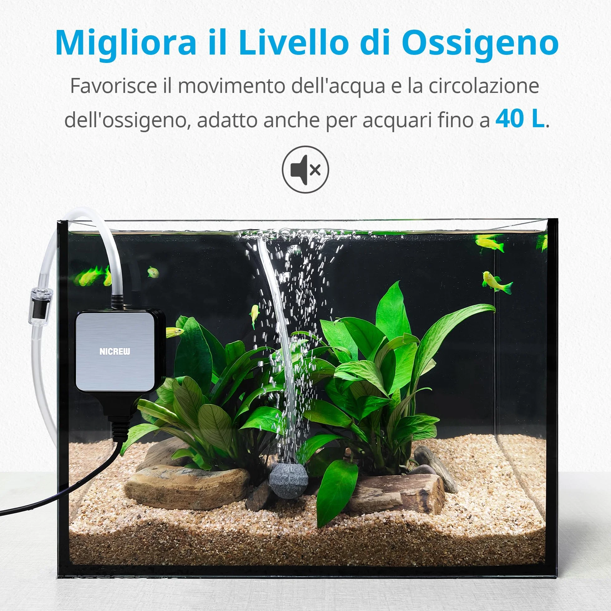 NICREW Ossigenatore per Acquario Ultra-Silenzioso <33 dB, Nano Silent Mini Aeratore fino a 40 L, Accessori per Acquario Nano, 18 L/H, 1,5W