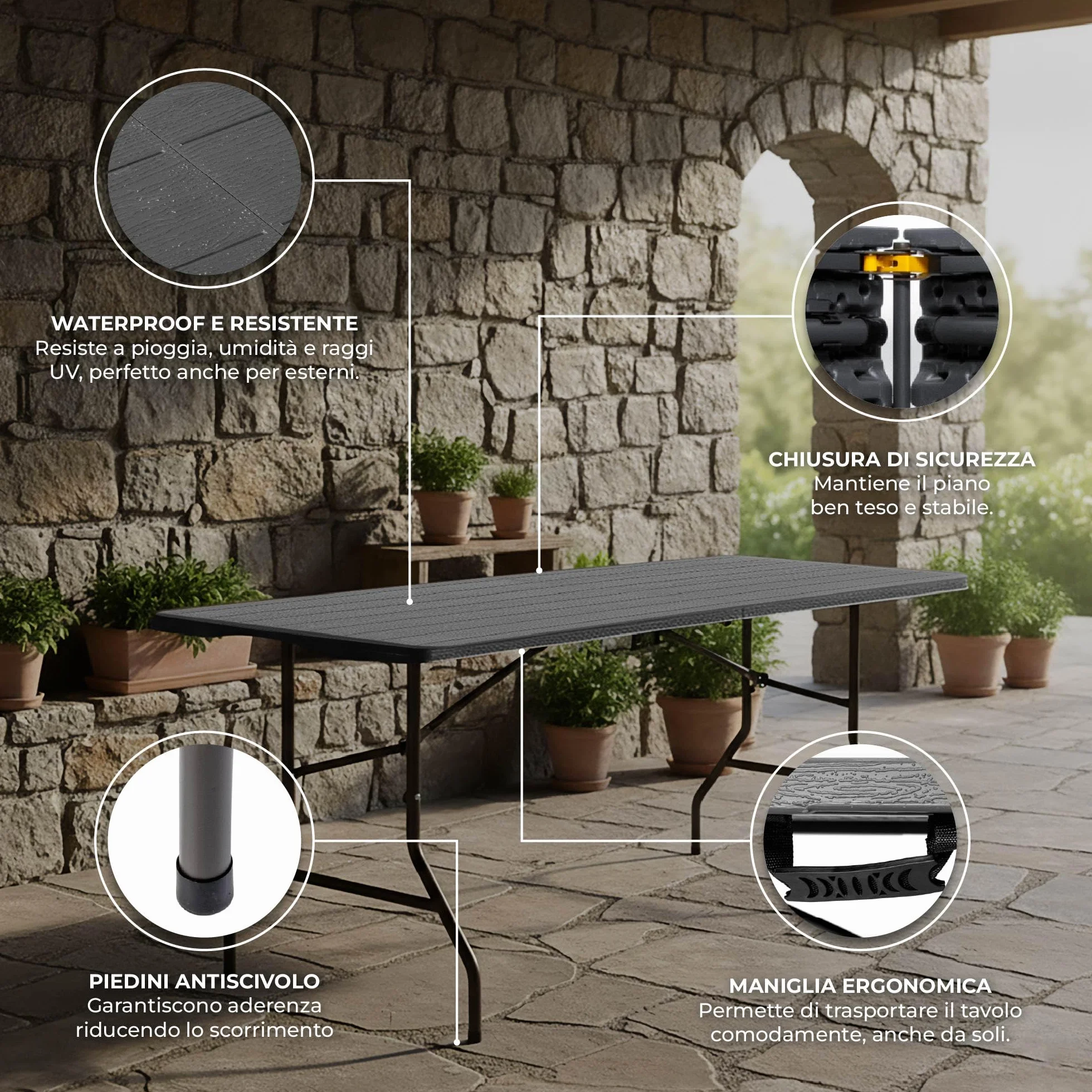 IlGruppone Tavolo Pieghevole Rettangolare HDPE 180x74x74 cm Antracite