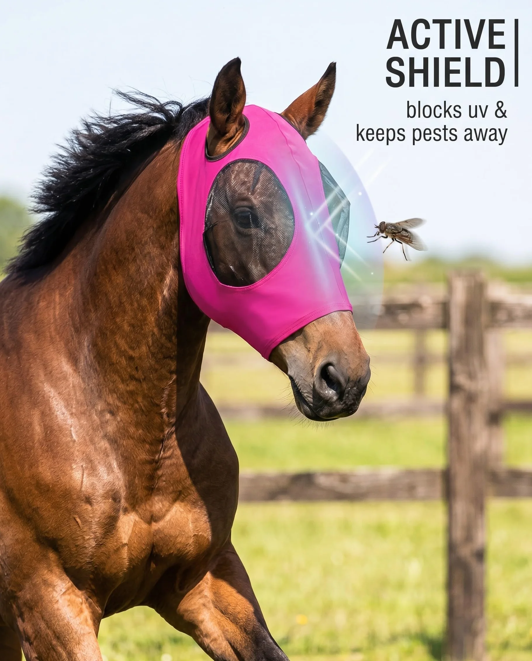 Mascherina per Cavalli Rosa Fucsia con Paraorecchie Protezione UV Insetti Rete Traspirante