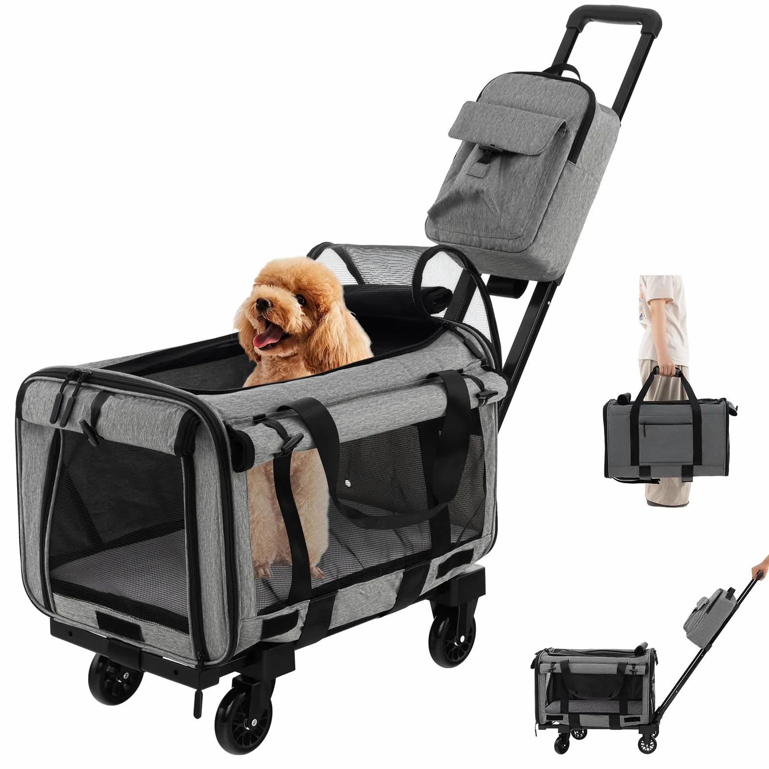 COSTWAY Trasportino per Cani, Trasportino per Animali con Ruote, Materassino a Doppio Utilizzo, Maniglia Telescopica, Cinghia e Zaino, Trasportino Pieghevole per Animali di Taglia Piccola e Media