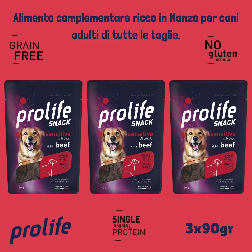 Prolife Snack Cane Adult Sensitive gusto MANZO, snack per cani adulti di tutte le taglie senza conservanti e senza cereali, grainfree, monoproteico | 3 bustine da 90 grammi l’una.