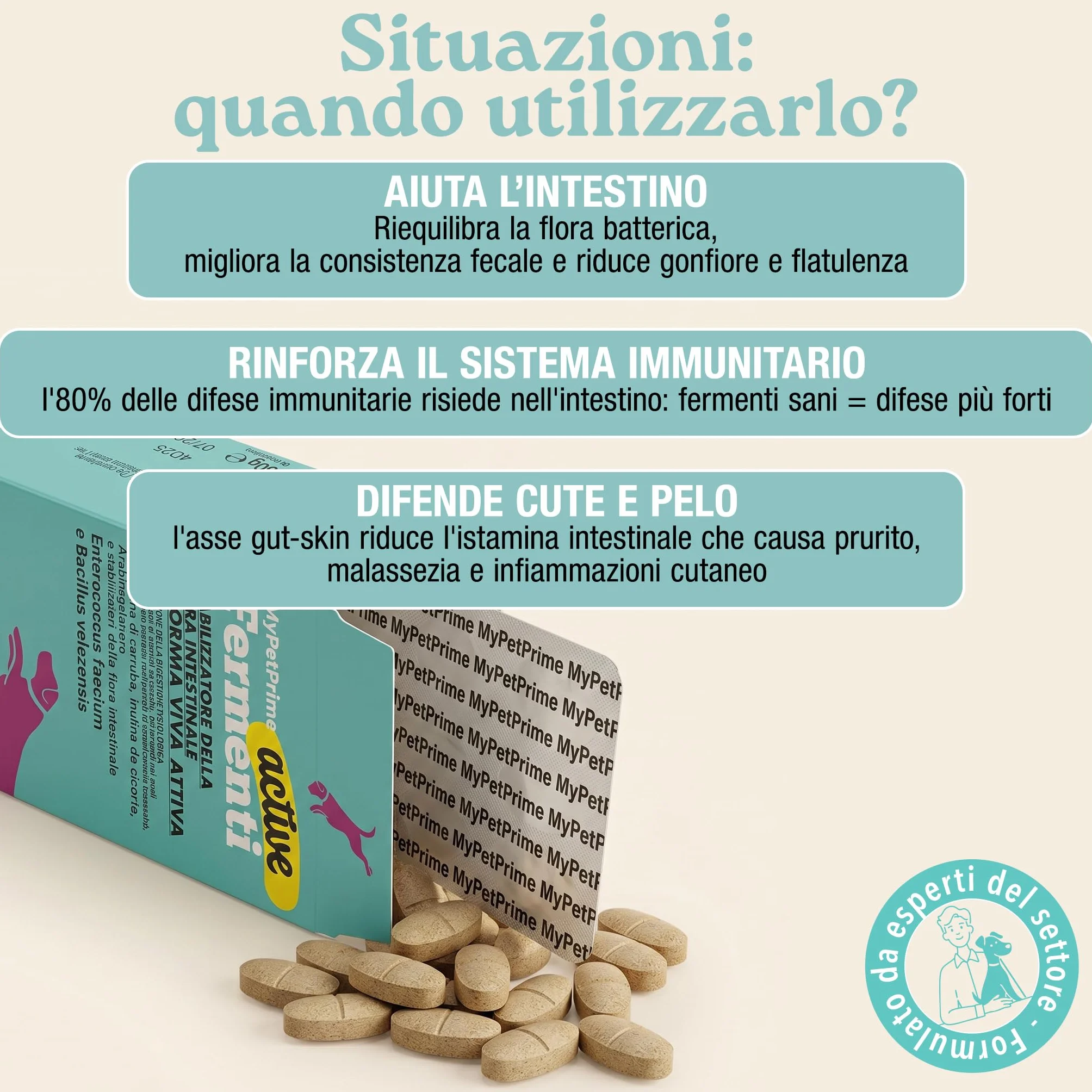 MyPetPrime Fermenti Lattici Cane ACTIVE 30 Cpr Probiotici Digestivi da 6,5 Miliardi con Inulina - Equilibrio Intestinale e Digestione, Ripristino della Flora Batterica, Riduzione di Prurito Cutaneo