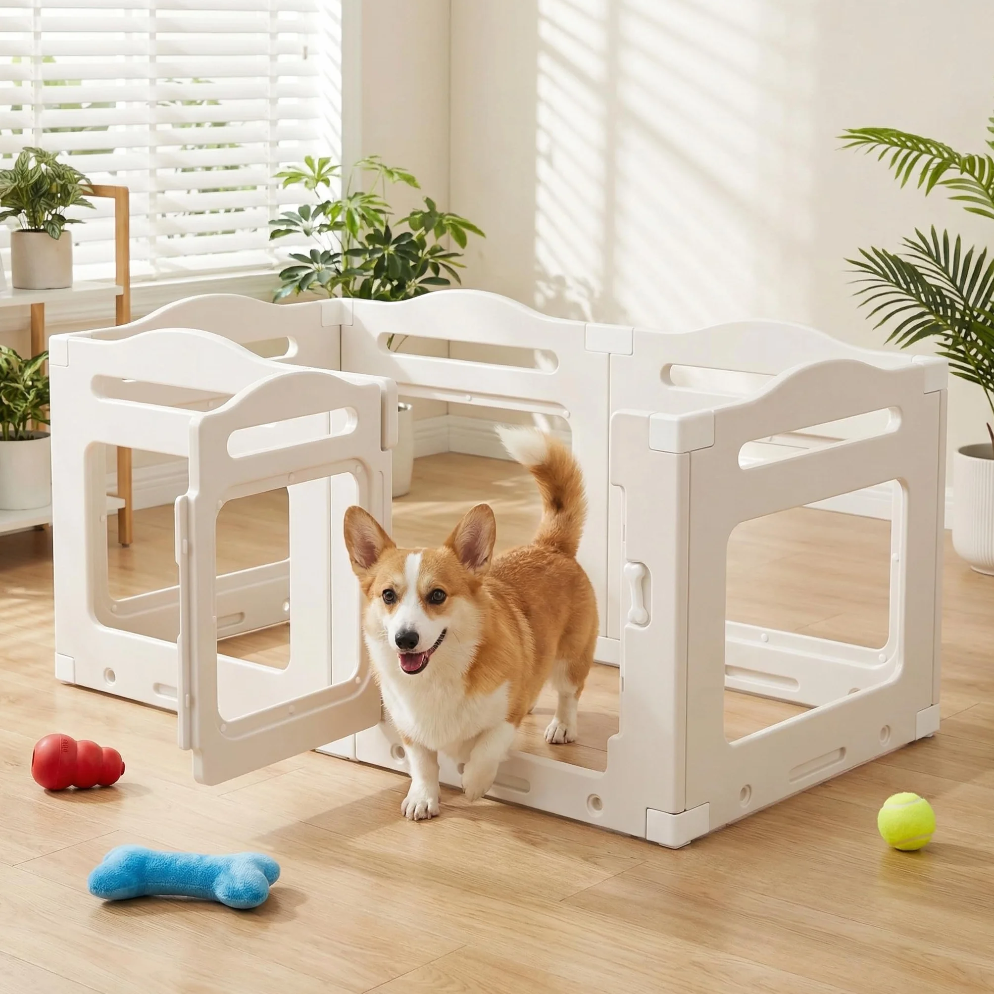 Clevich Recinto per Cani da Interno in Acrilico 129 × 68 × 60 cm, 5 PCS +1 Pannelli con Porta a Chiusura, Recinto per Cani Pieghevole con Ventose, Parco adatto per Appartamento, Bianco