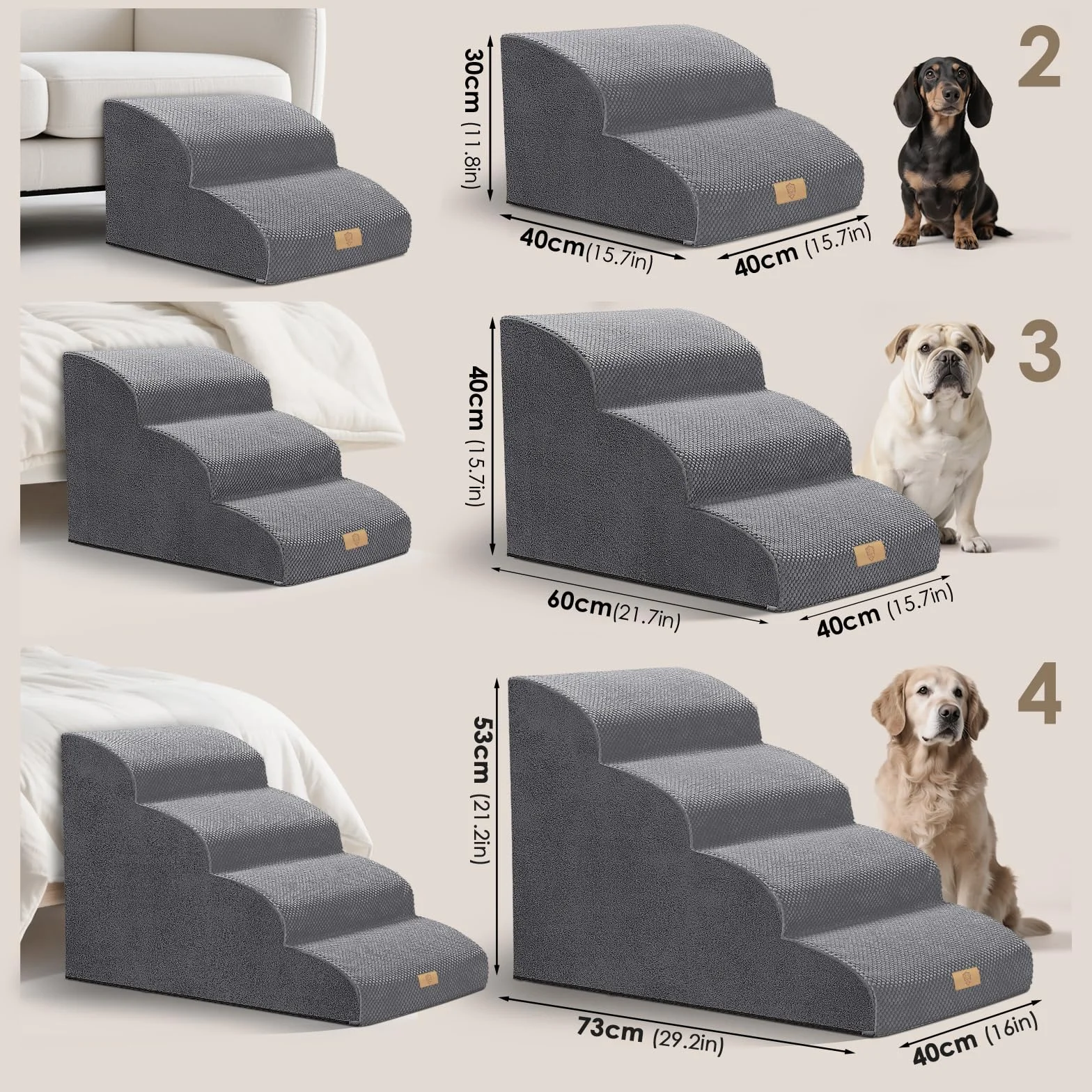 Rampa per Cani 4 Gradini, Scala in Schiuma ad Alta Densità Antiscivolo, 73.7x40.6x50.8 cm, Grigio