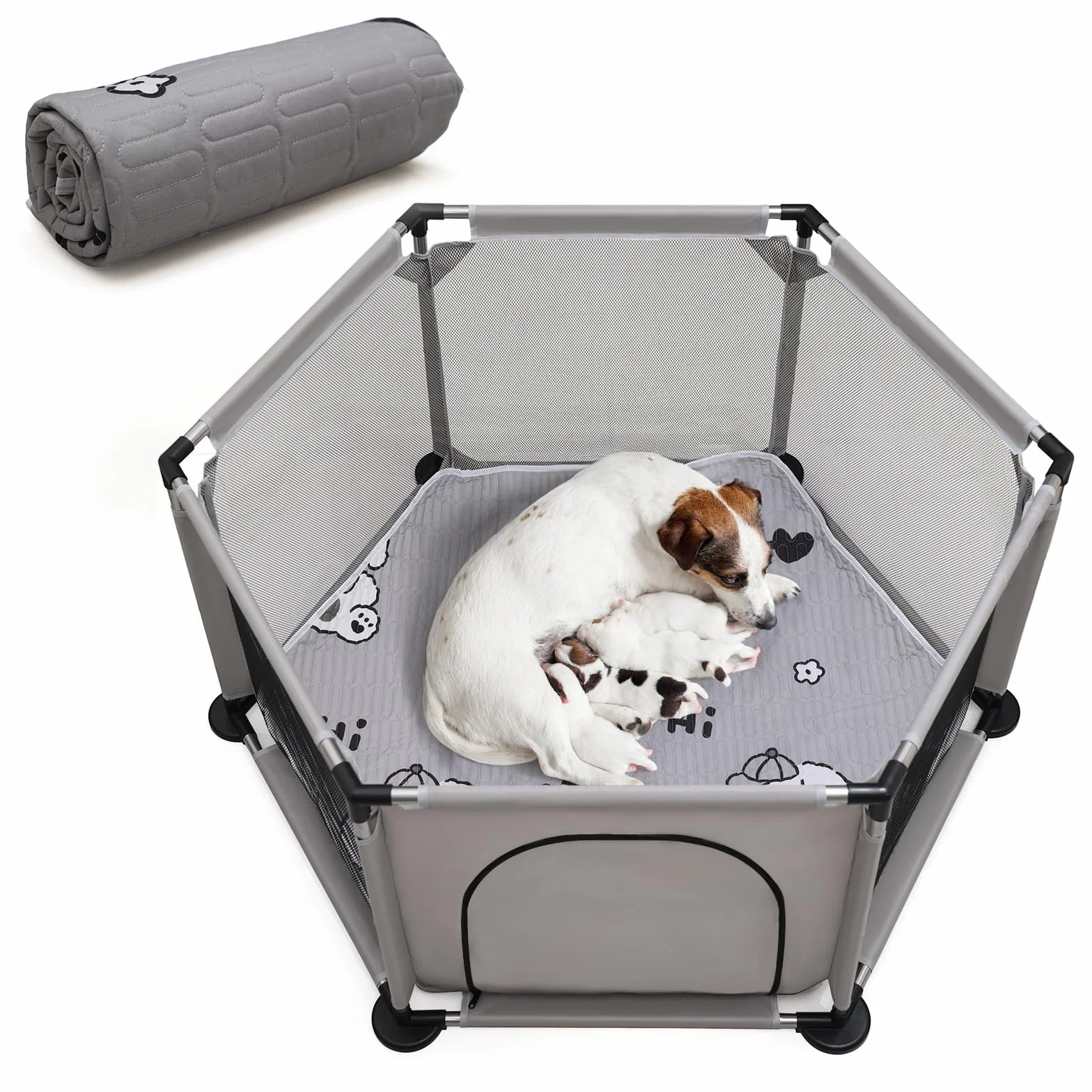 Box esagonale per cuccioli di cane extra alto box per parto + tappetino per il parto per cani di taglia grande e piccola taglia forniture per il parto essenziale per cani cuccioli 122 x 65 cm