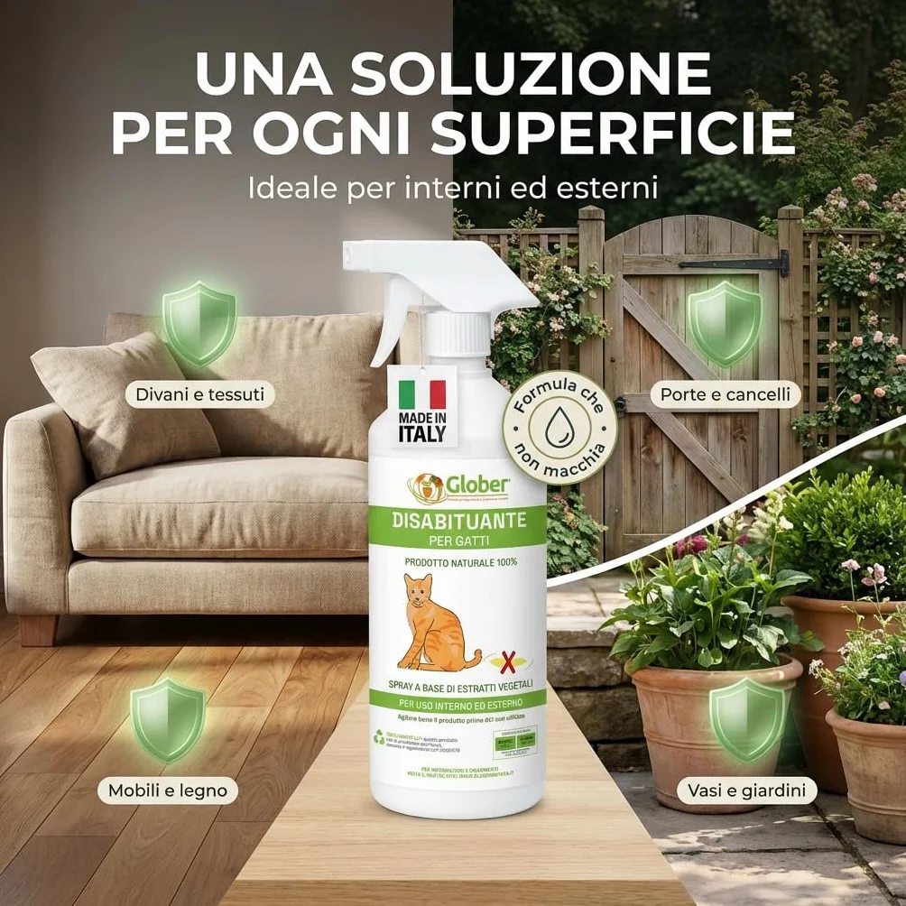 GLOBER Disabituante per Gatti Anti Urina - Spray 750ml - Made in Italy, 100% Base Vegetale per Interni ed Esterni - Addestrativo Urine Stop Gatto - Dissuasore Gatti e Elimina i Cattivi Odori