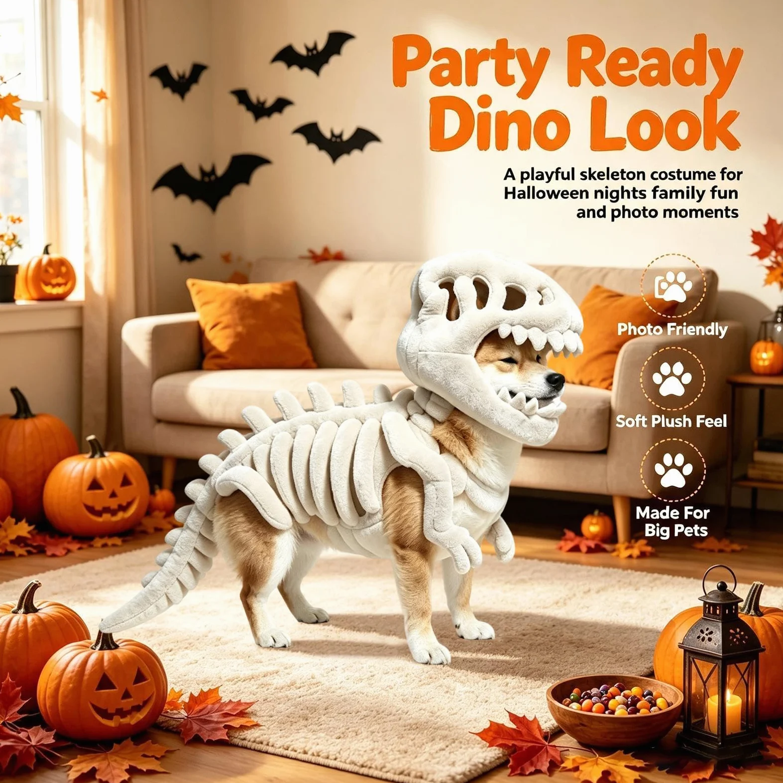 Costume da scheletro da dinosauro per animali domestici | Costume per cani con osso di dinosauro per Halloween, per casa, appartamento, spettacoli teatrali, feste a tema, fotografie