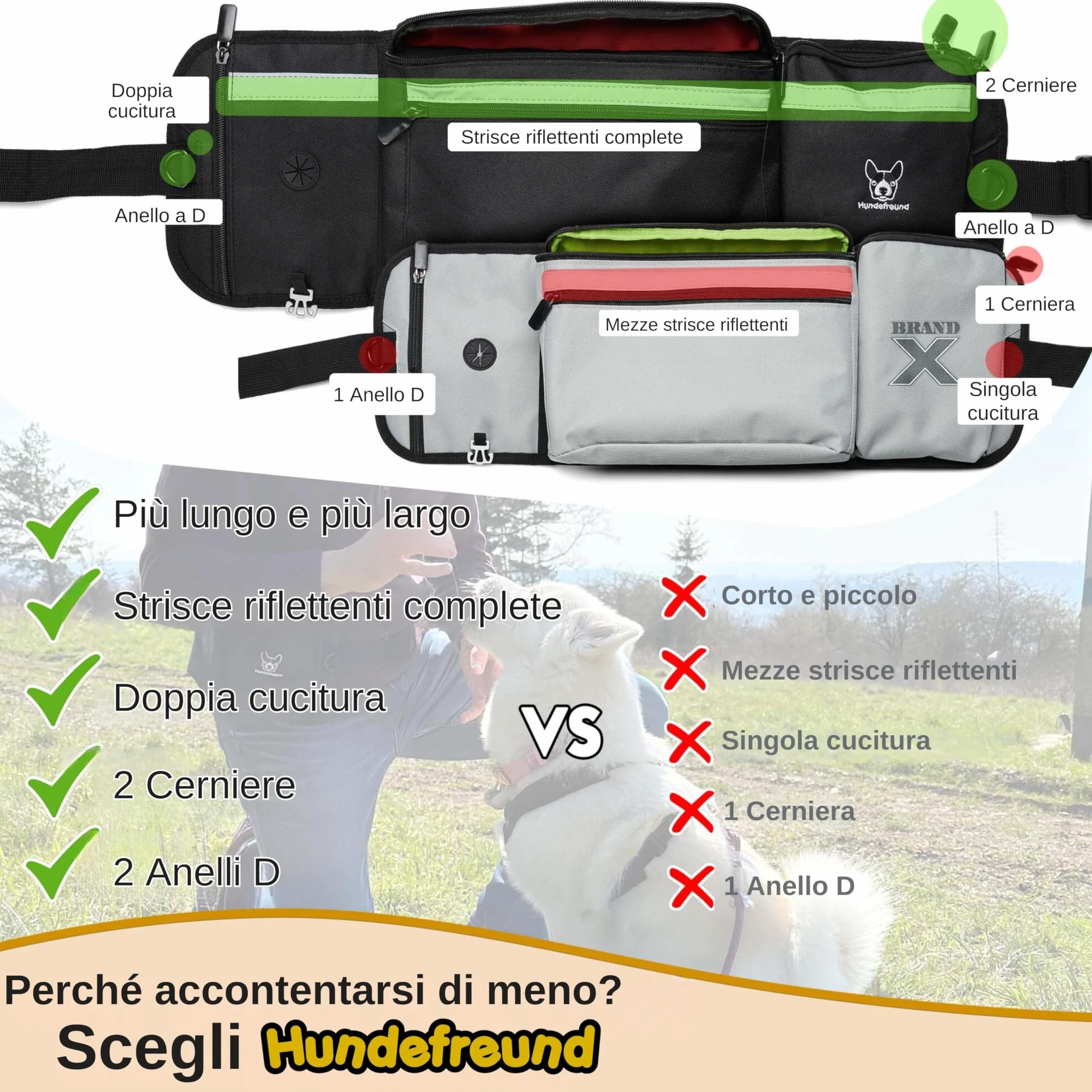 Hundefreund Borsa PortaSnack per Cani XXL - Tasca Ultra-Grande Riflettente con Cintura - Sacchetto di 58 cm per Passeggiate e Addestramento Canino