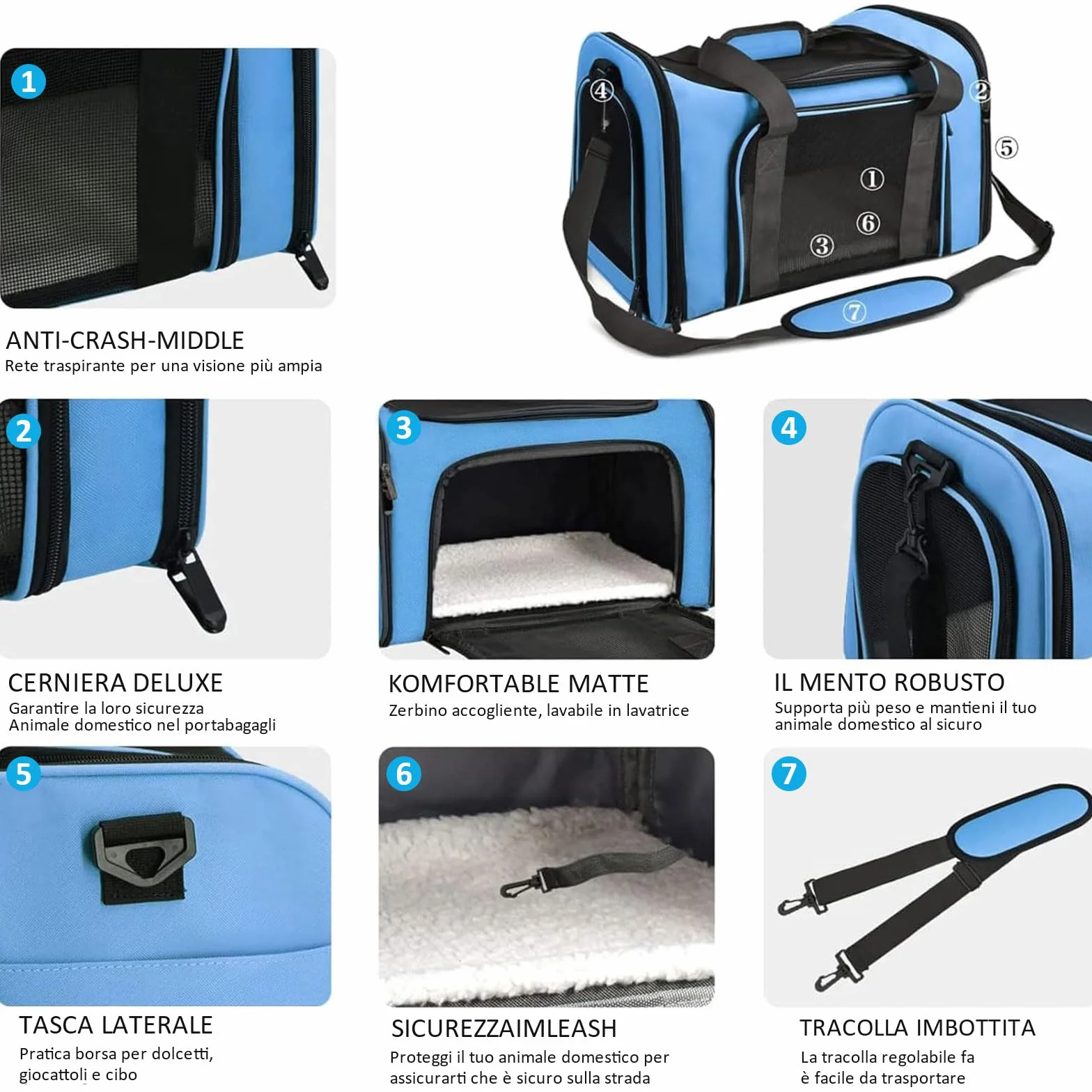 Trasportino per Cani e Gatti, Gabbietta per Animali Domestici, Tappetino Lavabile Rimovibile, con Tracolla, Borsa Ripiegabile Viaggio Sull' Aereo (Blu) L 50 x B 34 x H 34 cm