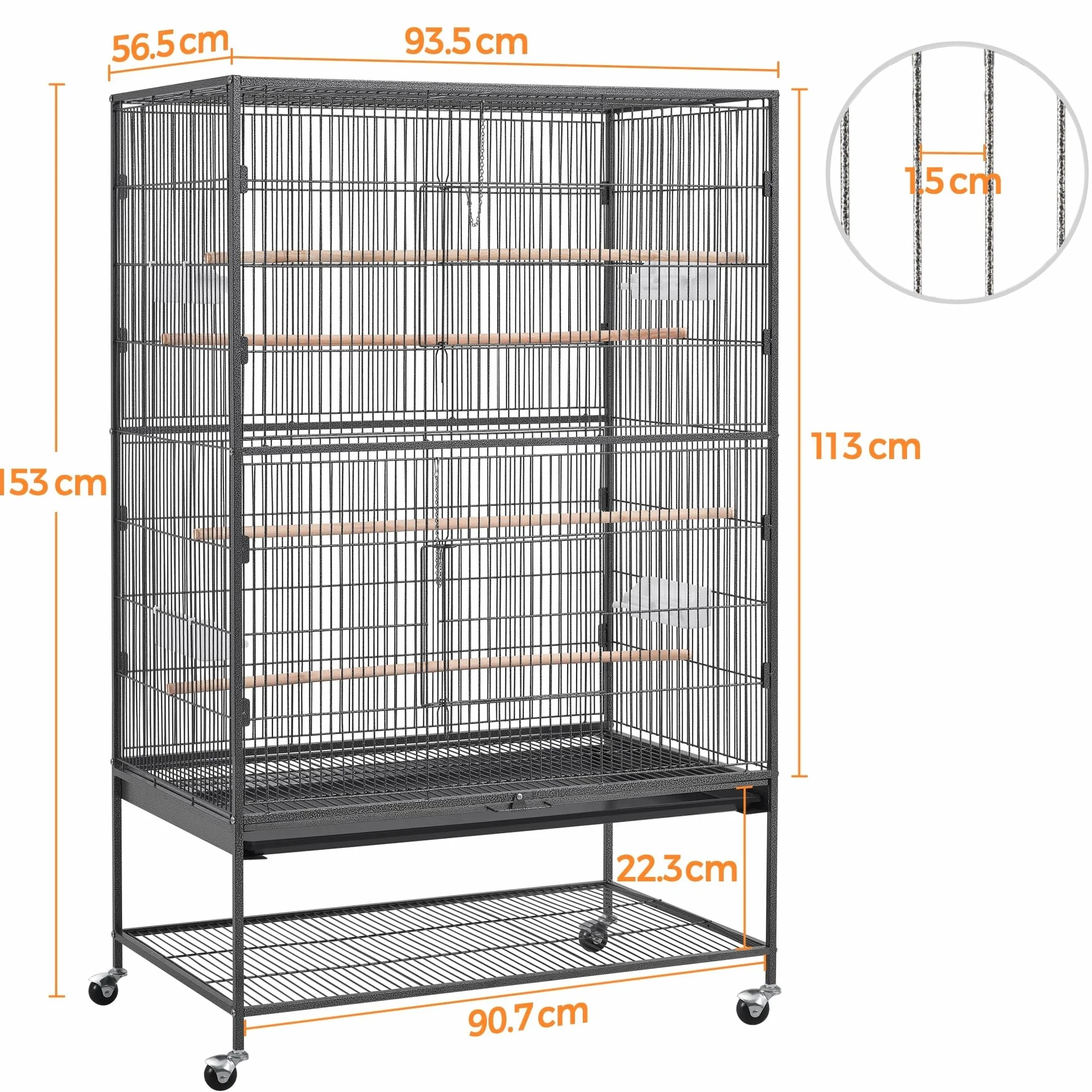 Yaheetech Gabbia Voliera per Pappagalli Uccelli Grandi 153 cm Metallo Nera 93,5 x 56,5 x 153 cm