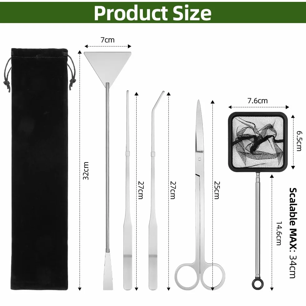 Flintronic Set 7 in 1 Attrezzi per Acquario in Acciaio Inox con Pinzette Forbici Spatola Imbuto