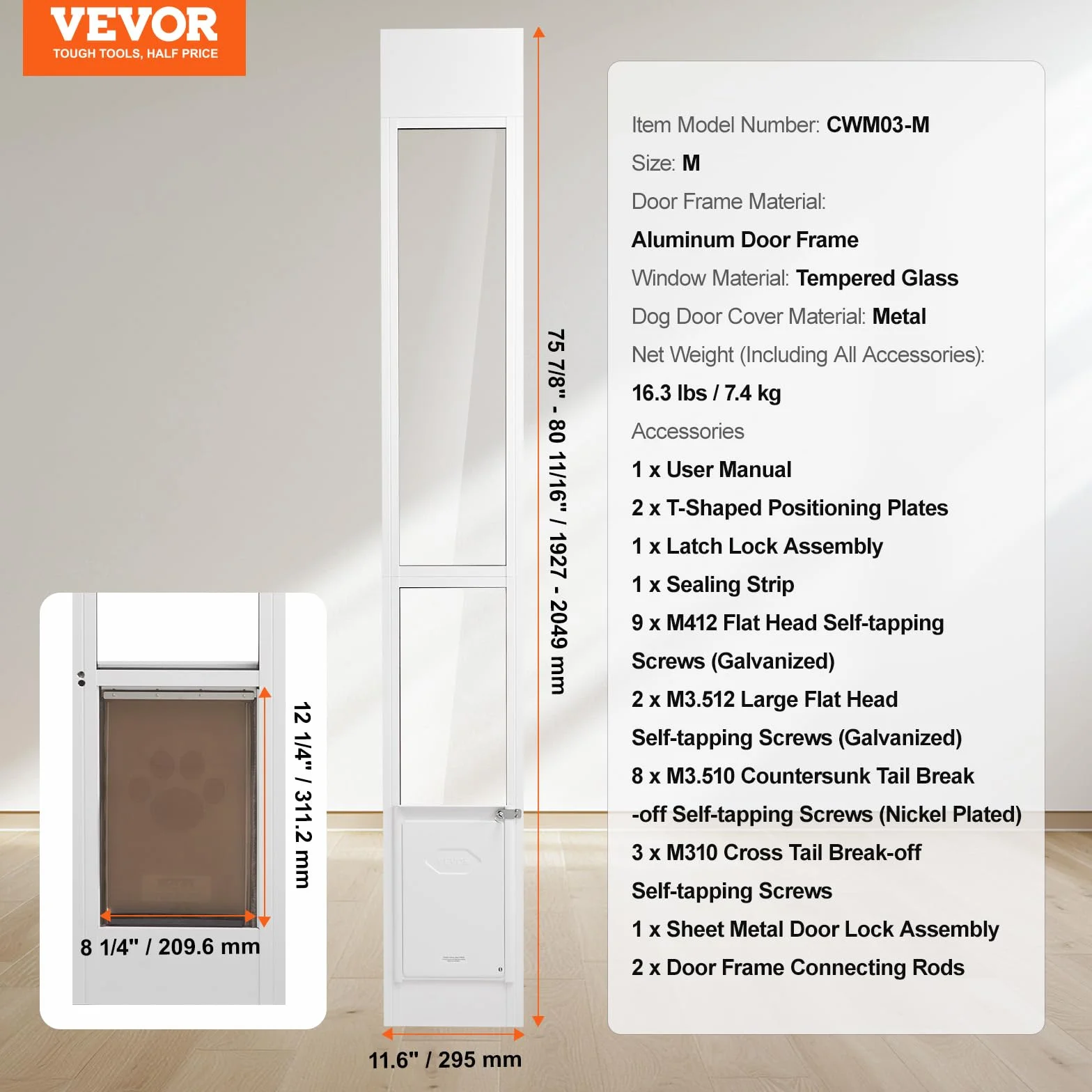VEVOR Porta per Cani Scorrevoli in Vetro Altezza Regolabile 1927-2049mm, Vetro Temperato con Telaio in Alluminio
