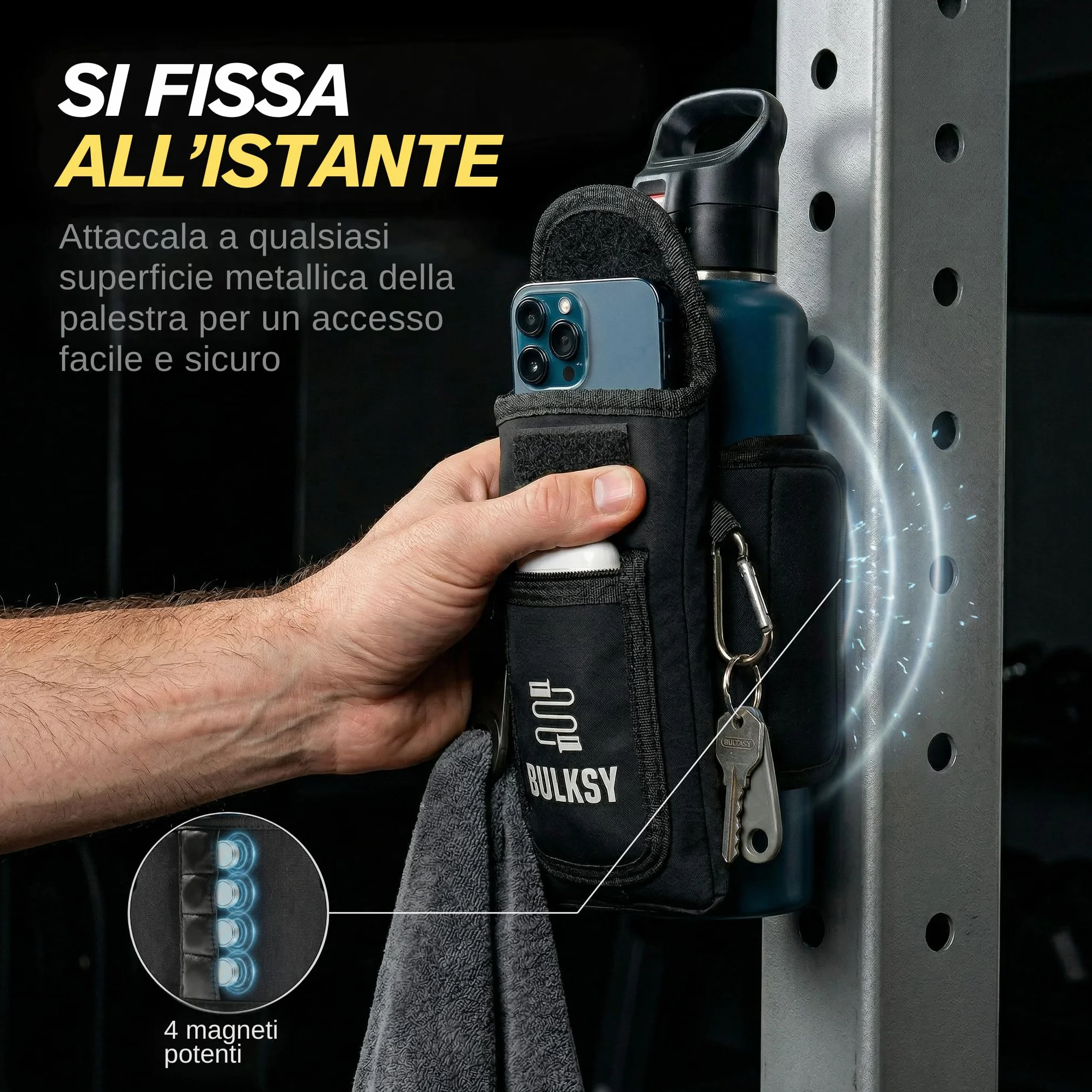 Borsa Magnetica per Accessori Palestra con Porta Borraccia e Tasca Smartphone - Adatta a Bottiglie 1L & 1,5L