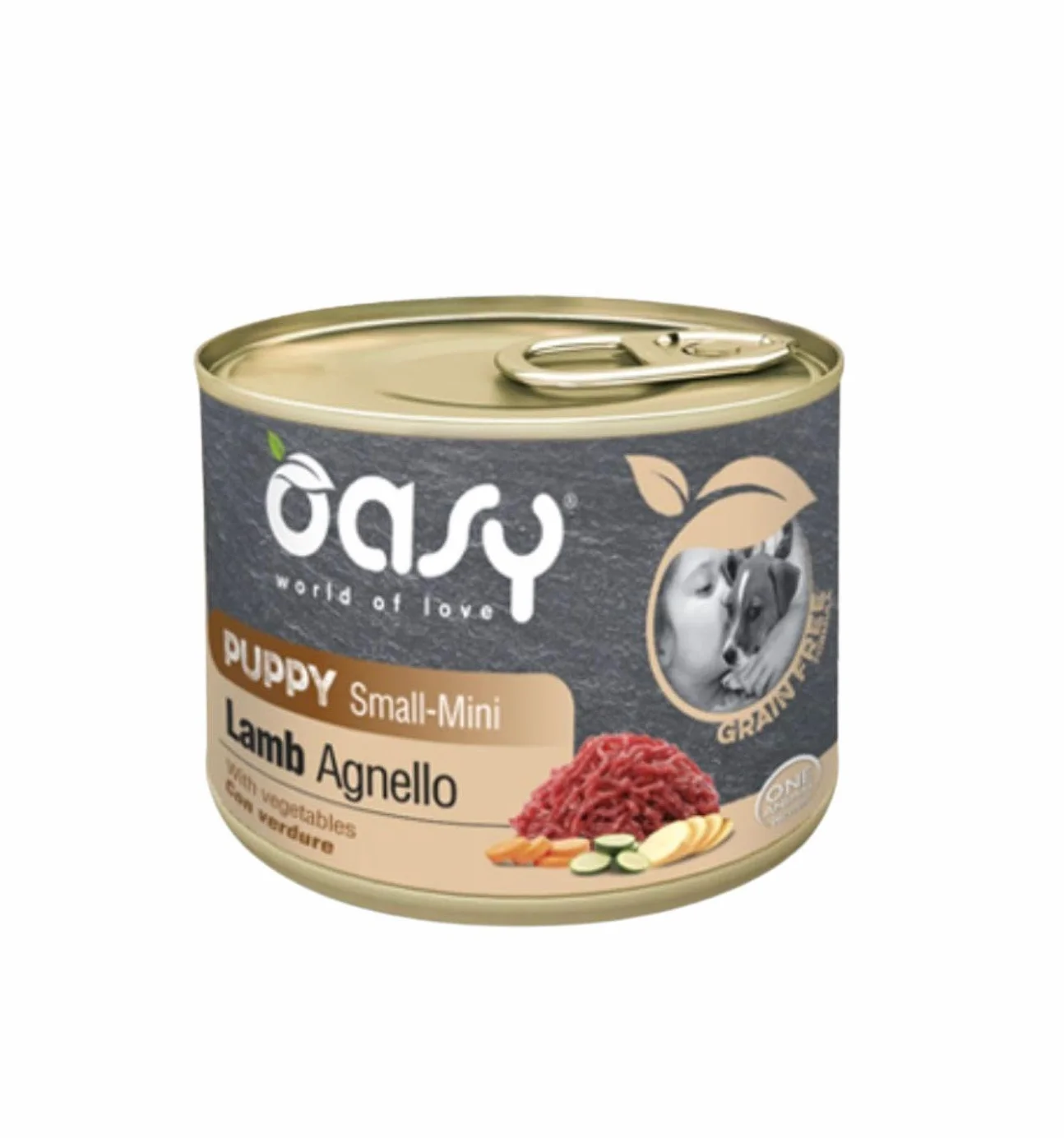Oasy umido cane puppy grainfree, alimento completo per cani cuccioli di taglia piccola (small) gusto AGNELLO | 6 scatolette da 200 grammi l’una.