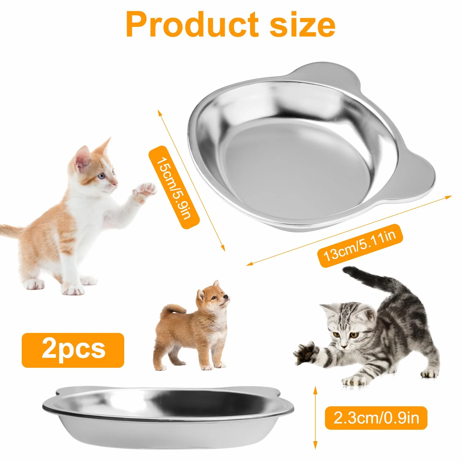 2 Pz Ciotole per Gatti in Acciaio Inox, Ciotole Piatte per Gatti, Ciotola per Bere Antiscivolo, Ciotola per Cibo per Gattis, cibo umido e secco per gattis