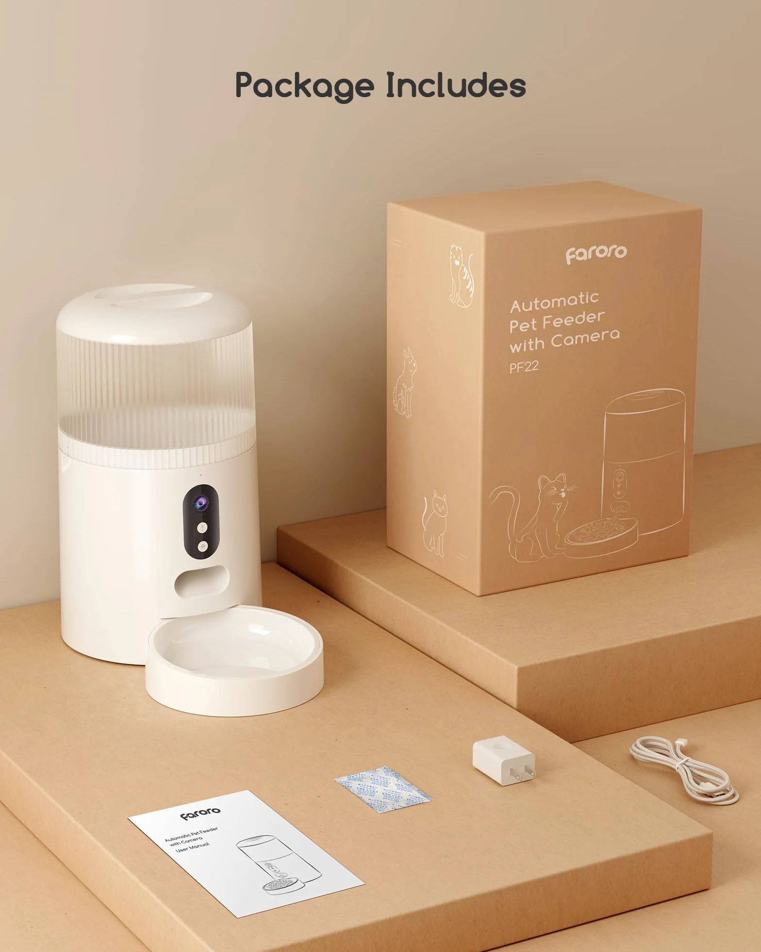 Faroro Dispenser Automatico Cibo Gatti WiFi, 3MP HD Telecamera con Visione Notturna, 4L Dispenser Cibo Gatti/Cani con Audio Bidirezionale, Controllo APP, Rilevamento Movimento e Doppia Alimentazione