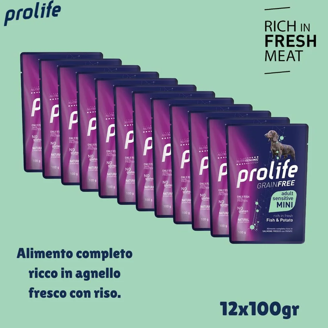 Prolife umido per cani monoproteico sensitive grainfree adult mini PESCE e PATATE 100g |12 bustine da 100g l'una.