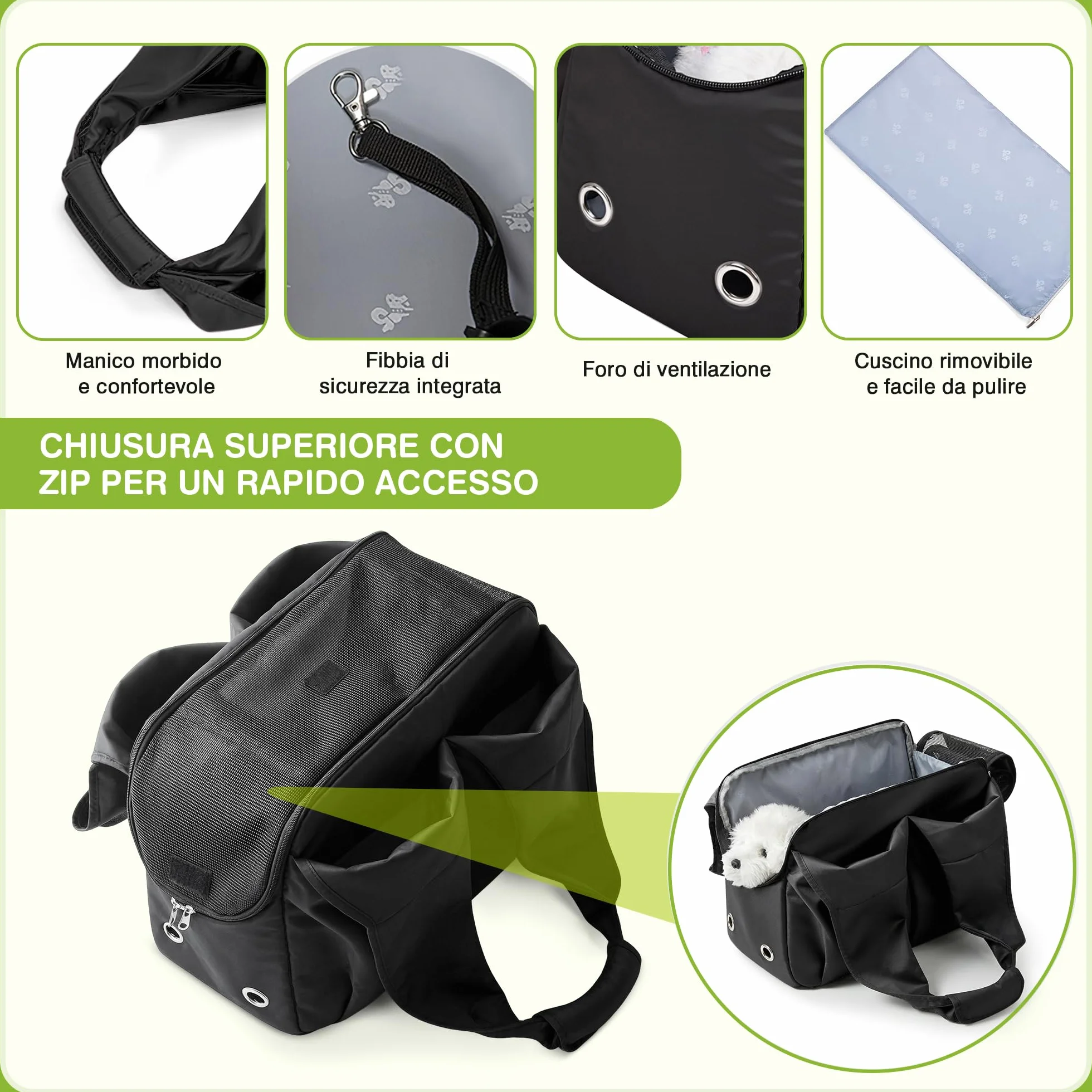 ALLSOPETS Borsa per Cani Taglia Piccola, Marsupio Traspirante Portatile con Gancio Guinzaglio, Nero Intenso
