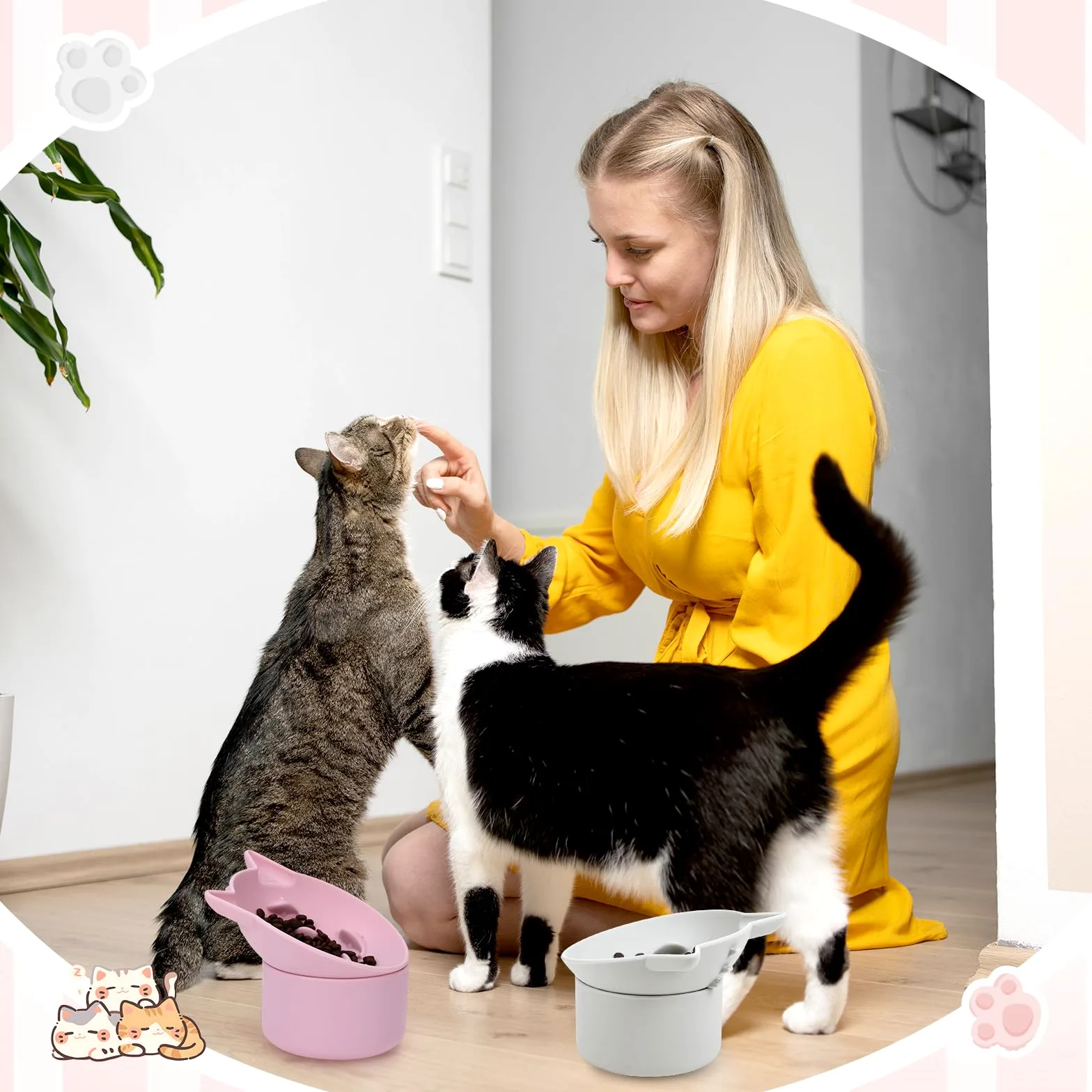 Funnymoom Confezione da 2 ciotole per gatti in silicone, per cibo secco e umido, design inclinato con base antiscivolo, angolo regolabile per animali domestici (grigio e rosa)