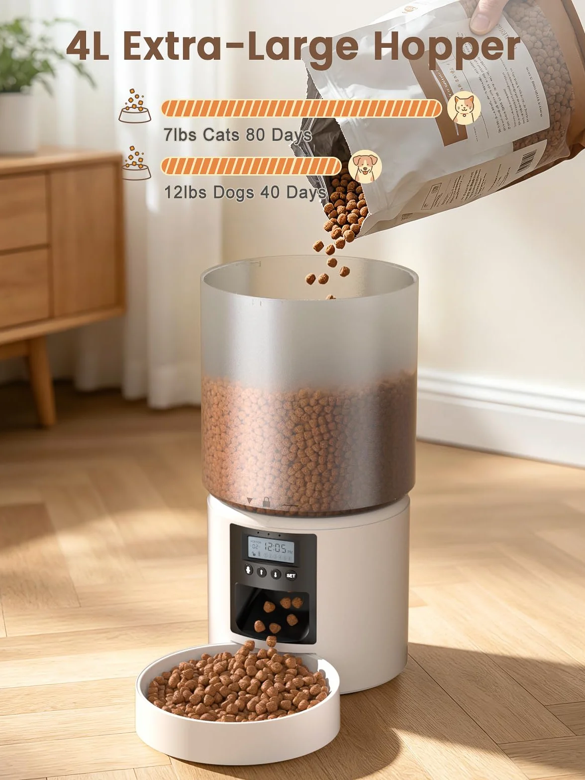 Distributore Automatico Cibo Gatti 4L Dispenser Crocchette Gatto con Timer Programmabile e Schermo LCD Distributore Cibo Gatti con Registrazione Vocale 10s fino a 1-6 Pasti Giornalieri